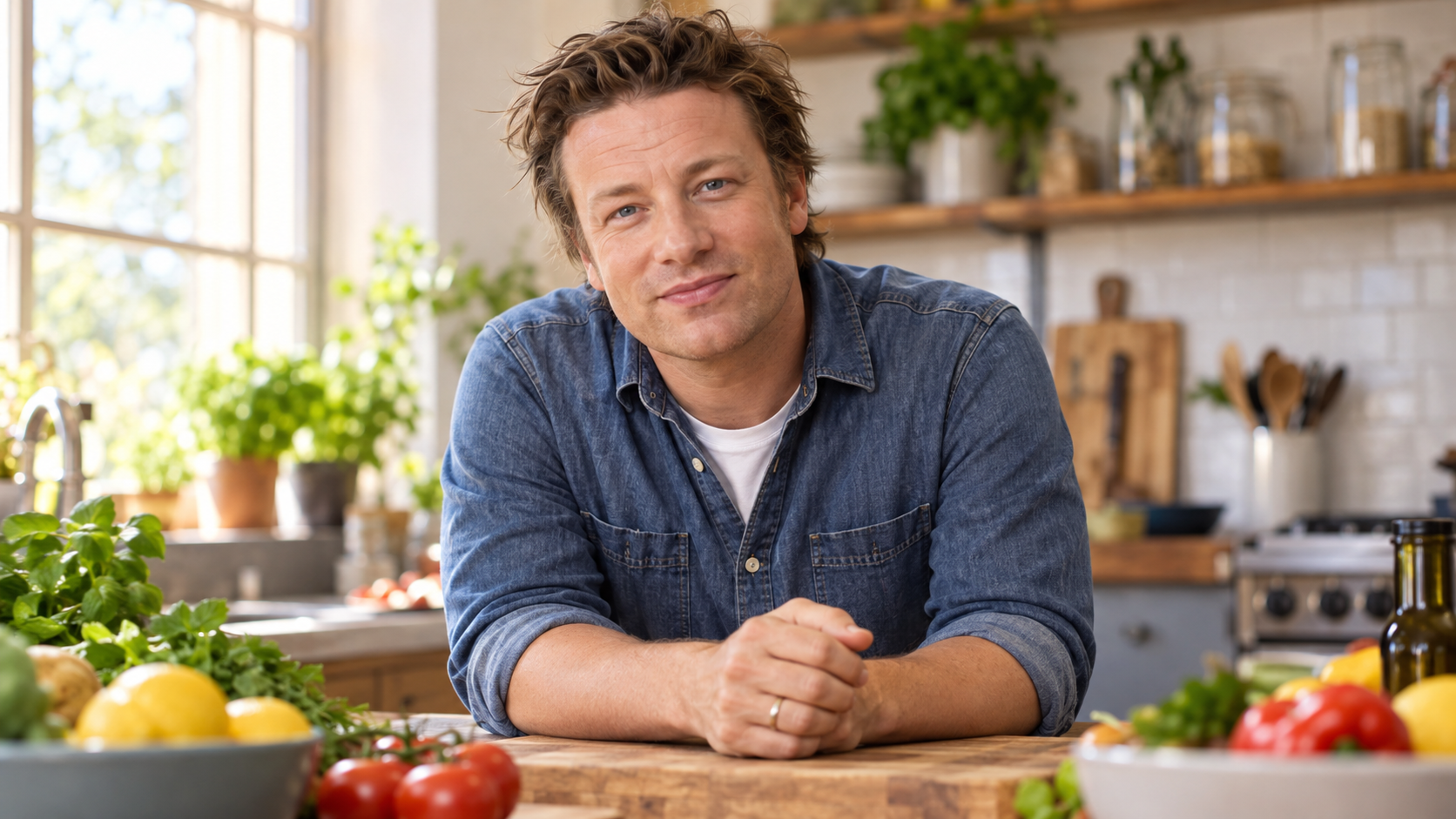 Jamie Oliver in a bright teaching kitchen with fresh ingredients softly blurred