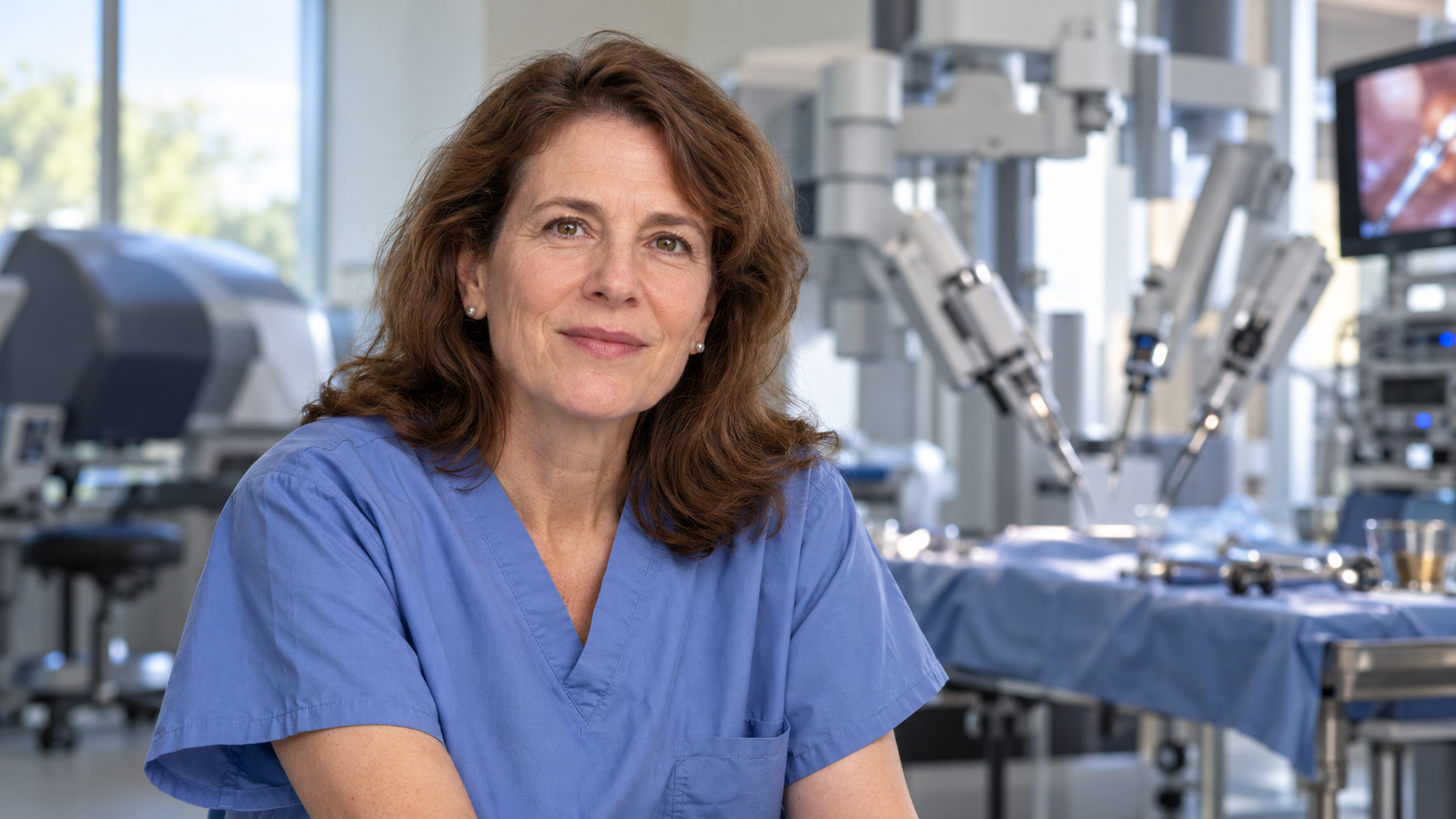 Catherine Mohr in a modern surgical simulation laboratory with robotic instruments softly blurred