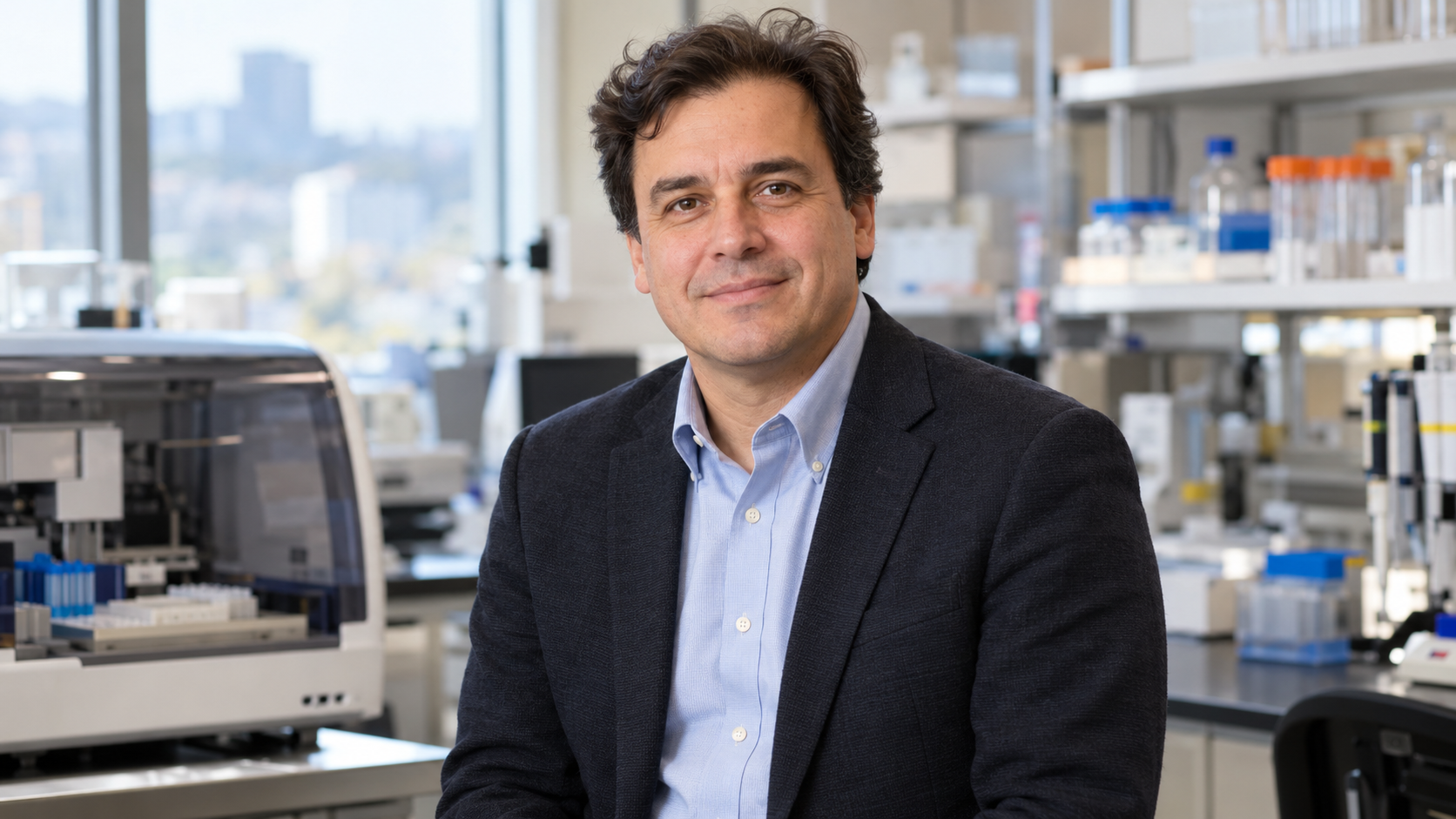 Jorge Soto in a compact molecular diagnostics laboratory with a prototype testing platform softly blurred