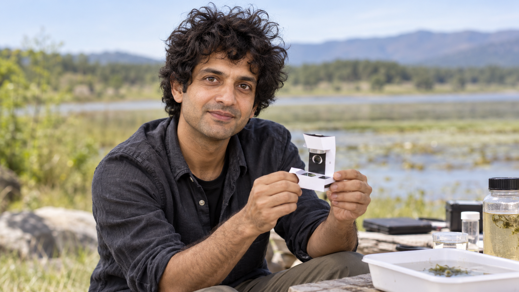 Manu Prakash in an open field laboratory with a paper microscope and water samples softly blurred