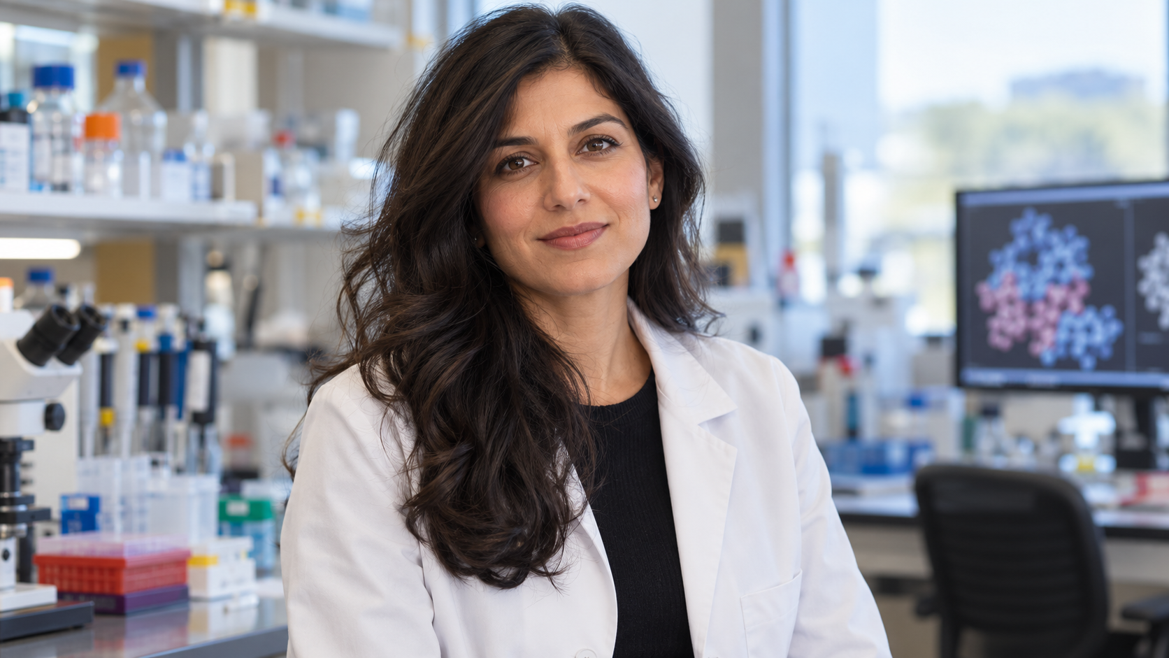 Sonia Vallabh in a neurodegeneration research laboratory with protein models softly blurred