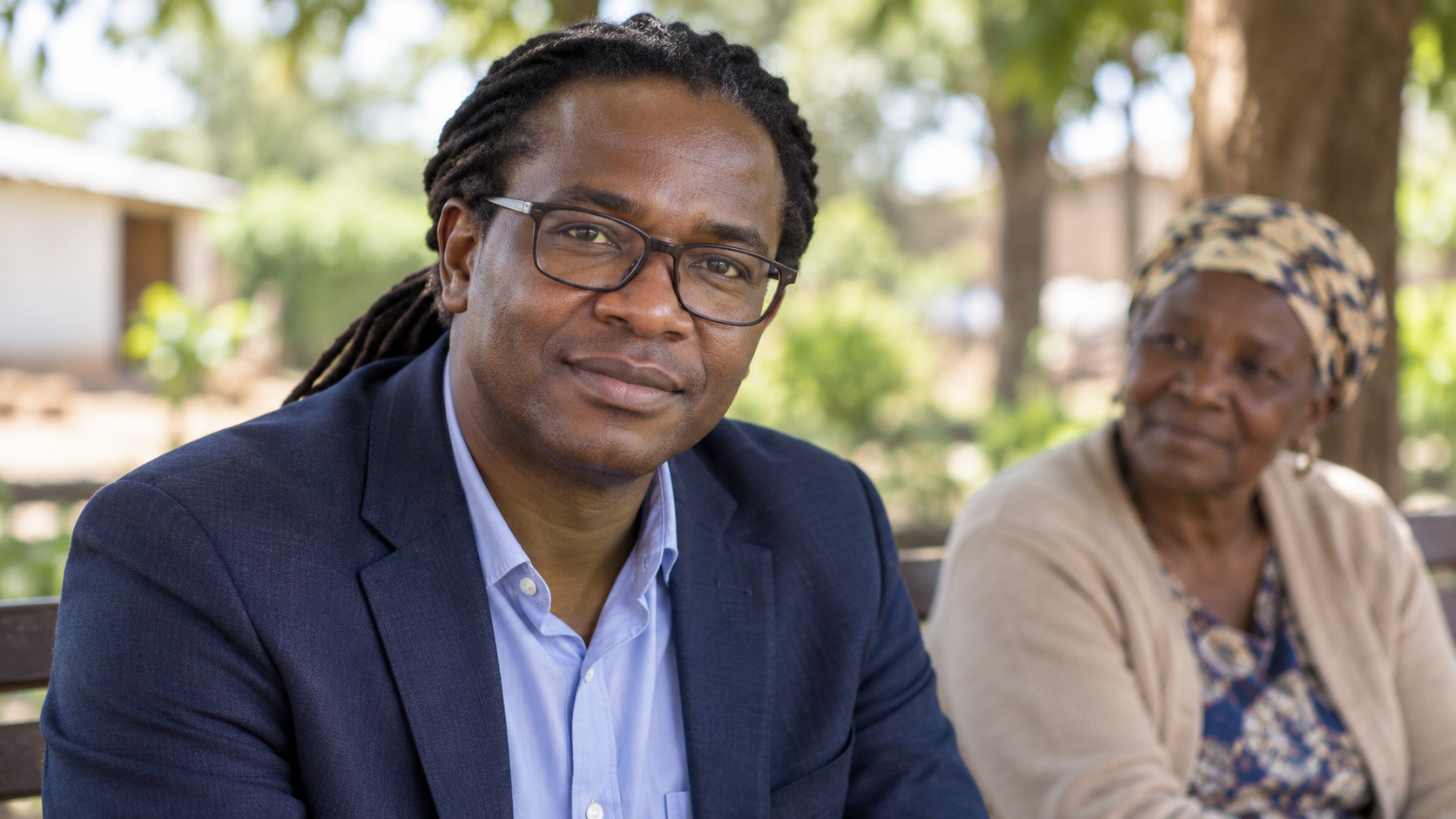 Dixon Chibanda in a shaded community bench with a grandmother counselor softly blurred