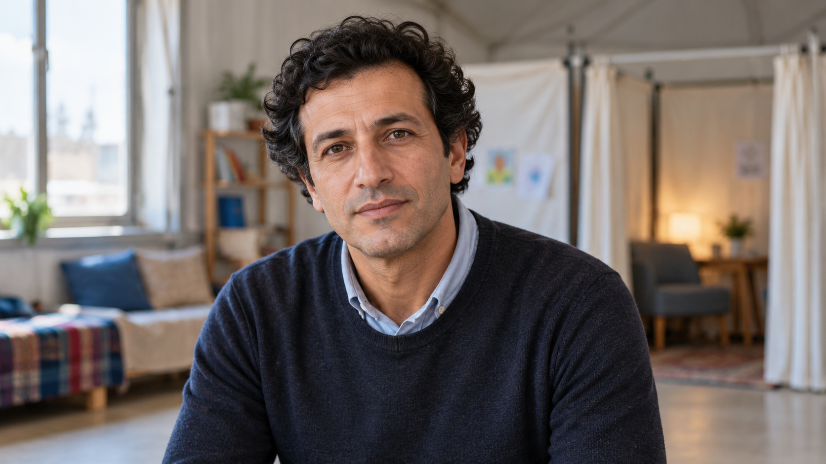Essam Daod in a quiet humanitarian reception center with a private counseling corner softly blurred