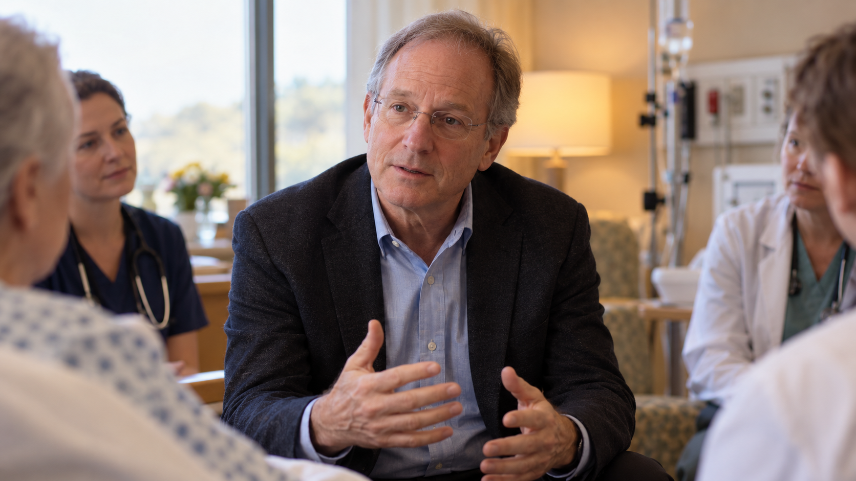 Timothy Ihrig in a palliative-care team meeting in a warm hospital room softly blurred