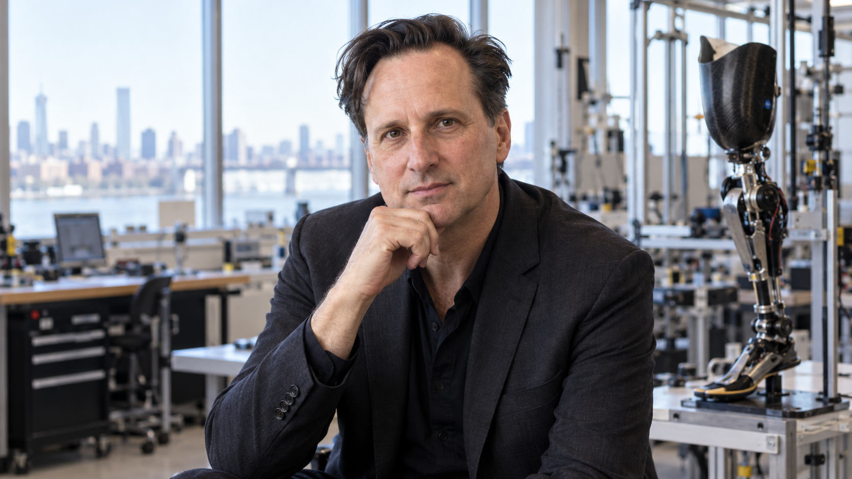 Hugh Herr in a biomechatronics laboratory with a next-generation prosthetic leg softly blurred