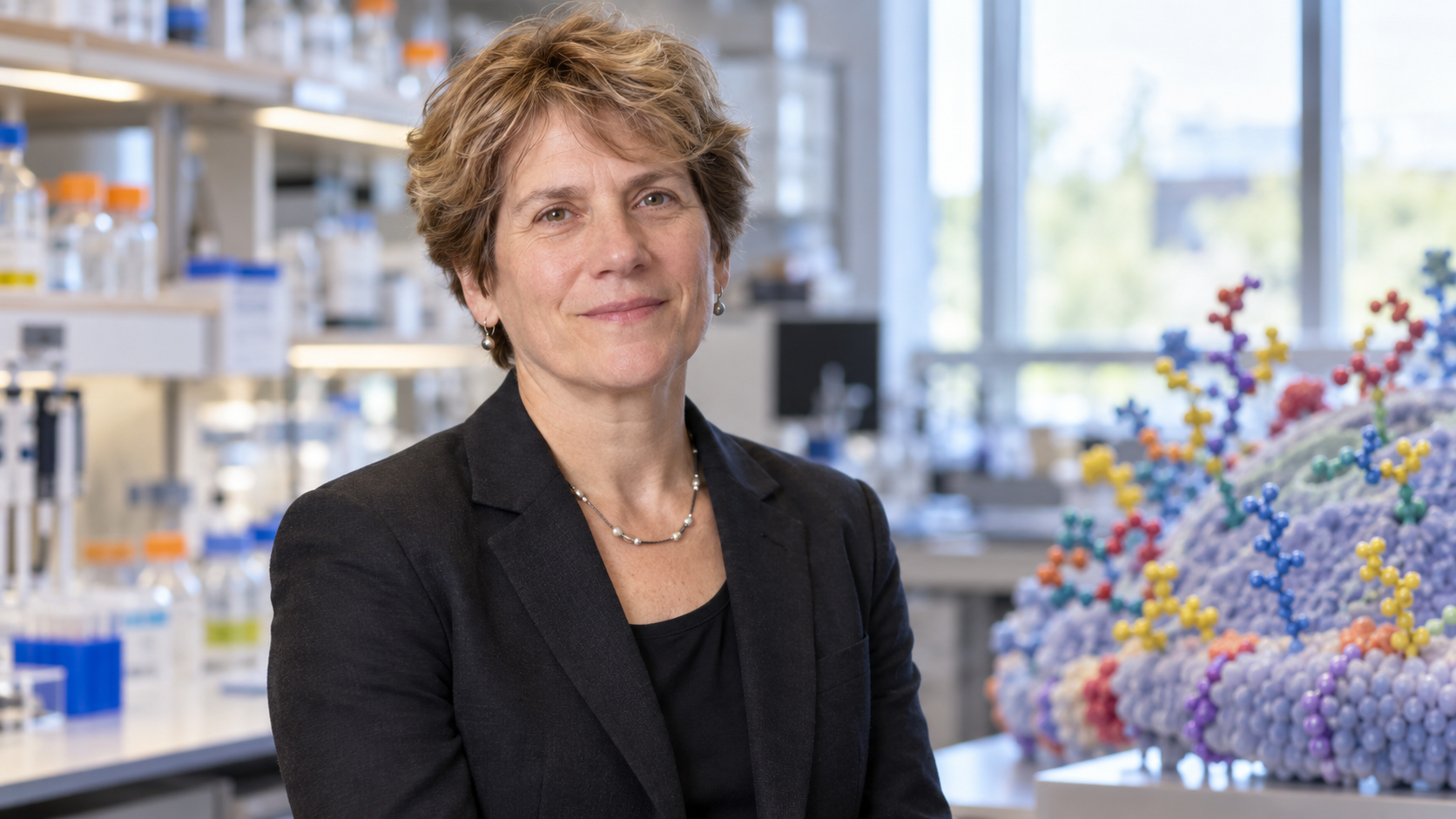 Carolyn Bertozzi in a chemical biology laboratory with a cell-surface model softly blurred