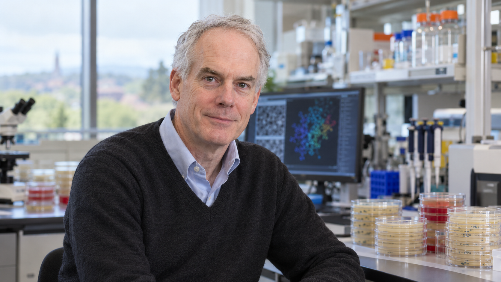 Jim Collins in a computational biology laboratory with bacterial plates softly blurred