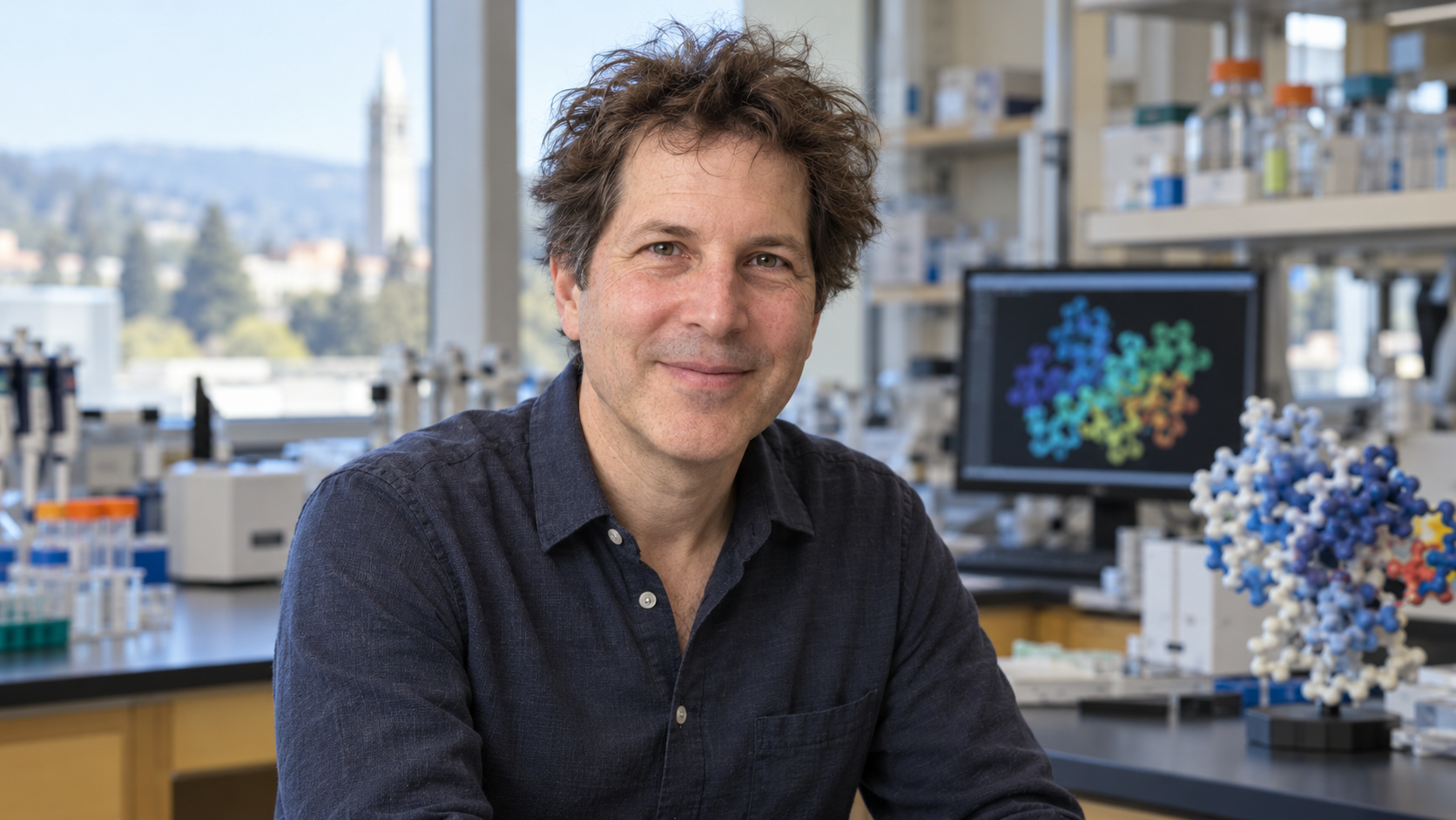 David Baker in a protein design laboratory with a folded molecular model softly blurred