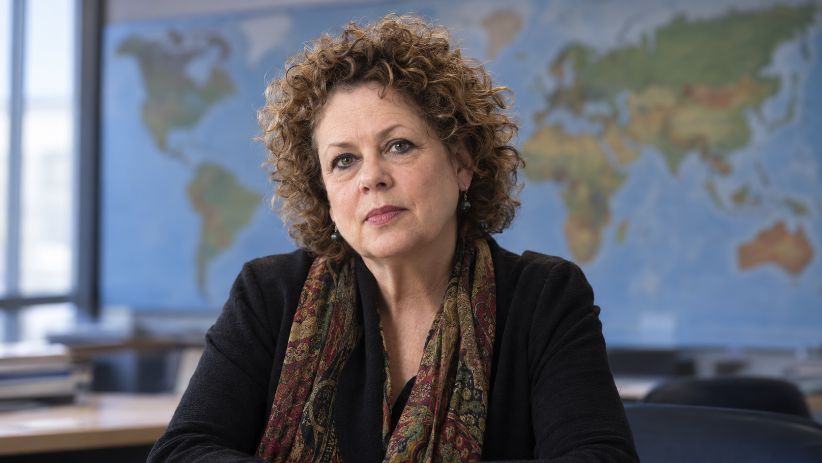 Laurie Garrett in a public-health briefing room with a world map softly blurred