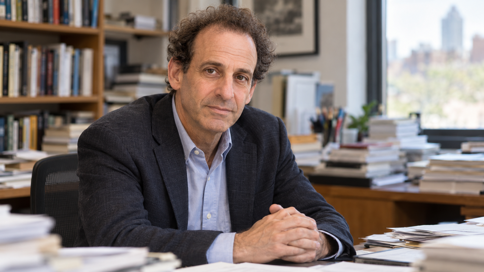 Michael Specter in a science journalism desk with research papers softly blurred