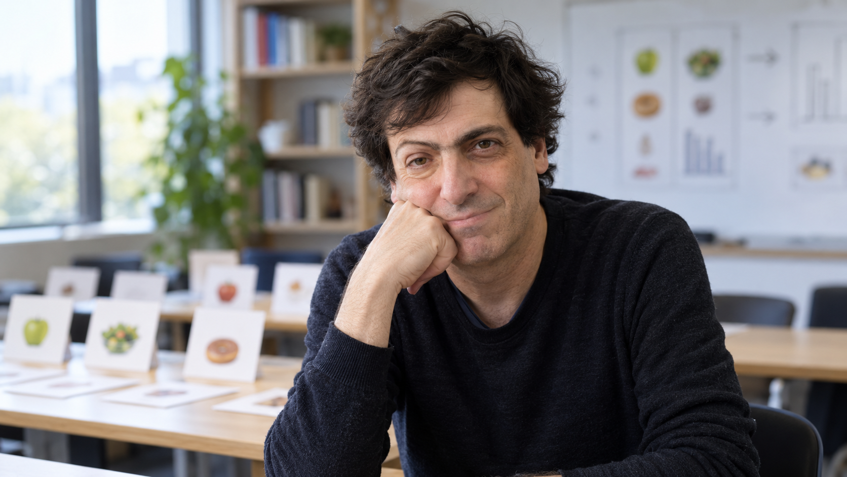 Dan Ariely in a behavioral science workshop with simple choice cards softly blurred