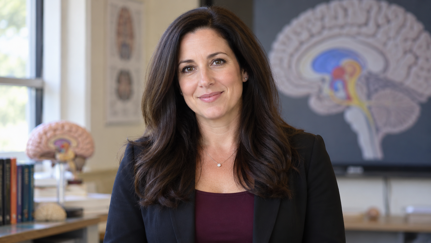 Nicole Avena in a neuroscience teaching studio with a brain reward diagram softly blurred