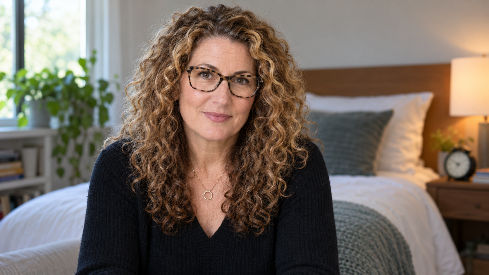 Jen Gunter in a calm bedroom recording studio with a bedside clock softly blurred