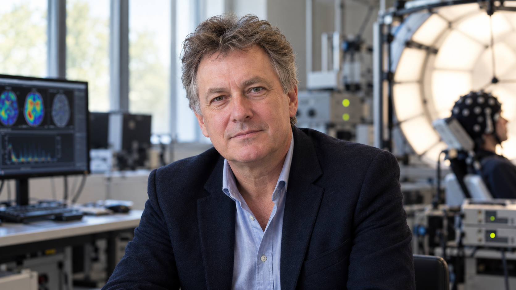 Russell Foster in a circadian neuroscience laboratory with a light-response experiment softly blurred