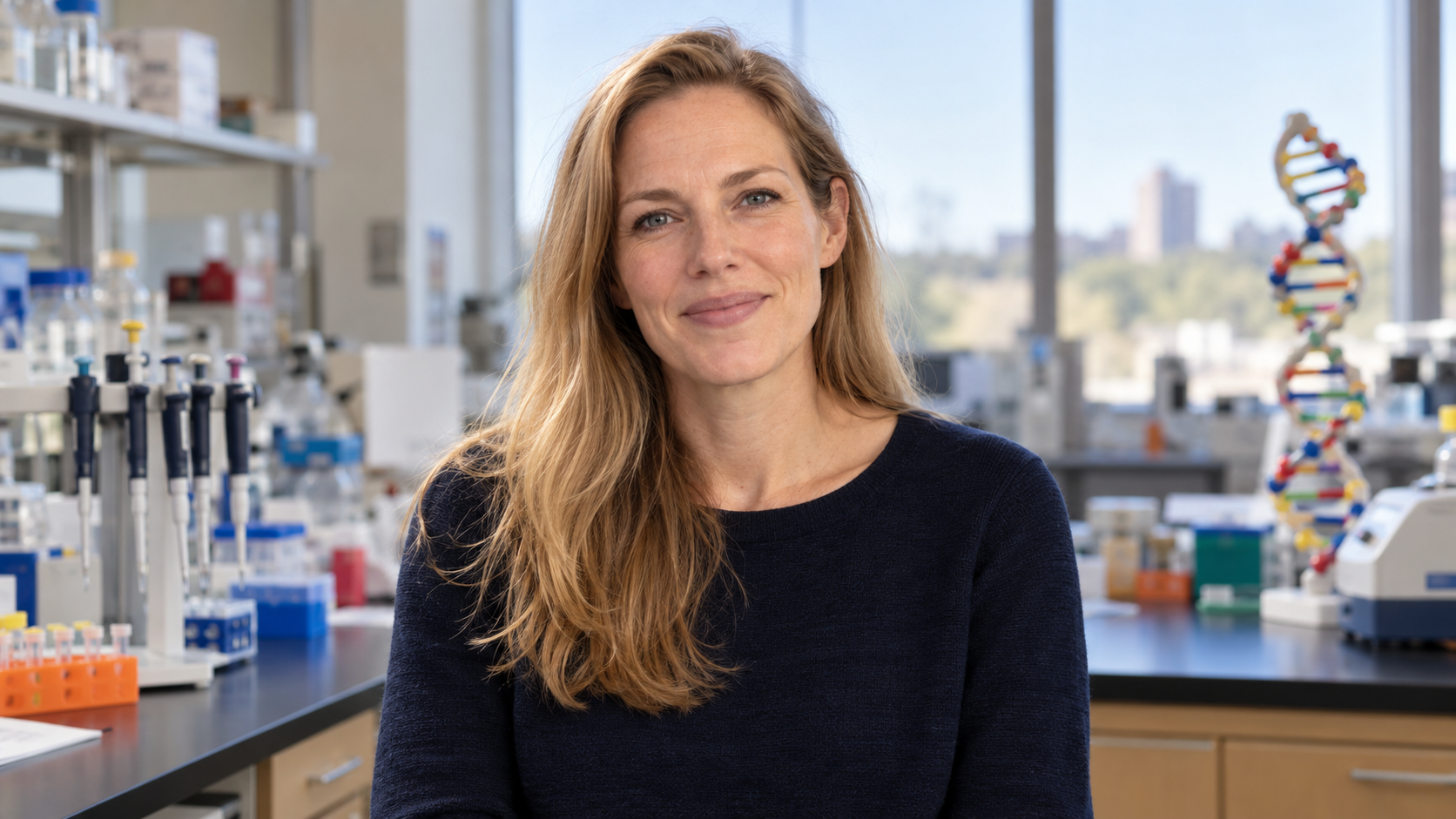 Ellen Jorgensen in a community biotechnology laboratory with pipettes and a DNA model softly blurred