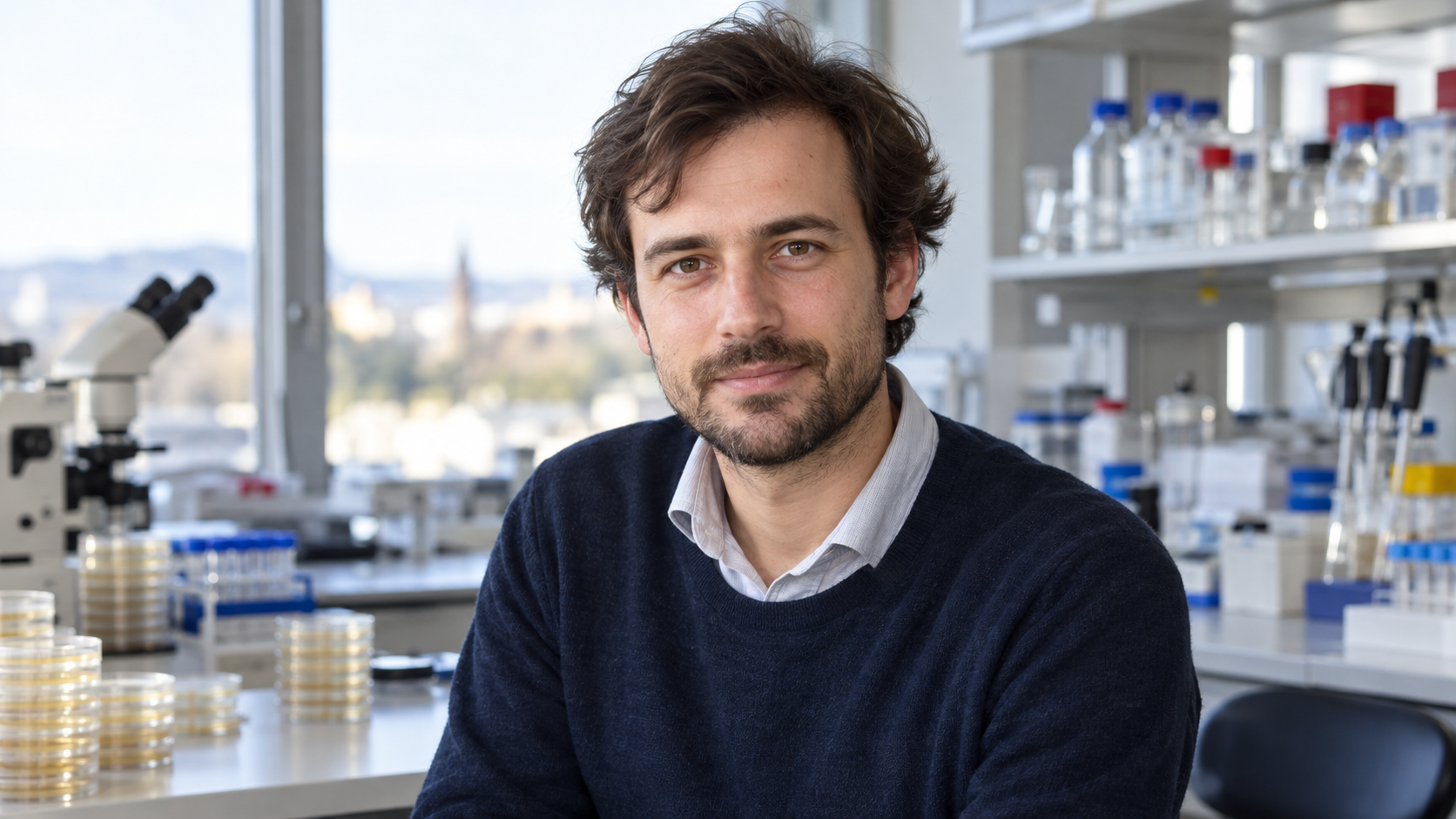 Alexander Belcredi in a bacteriophage research laboratory with culture plates softly blurred