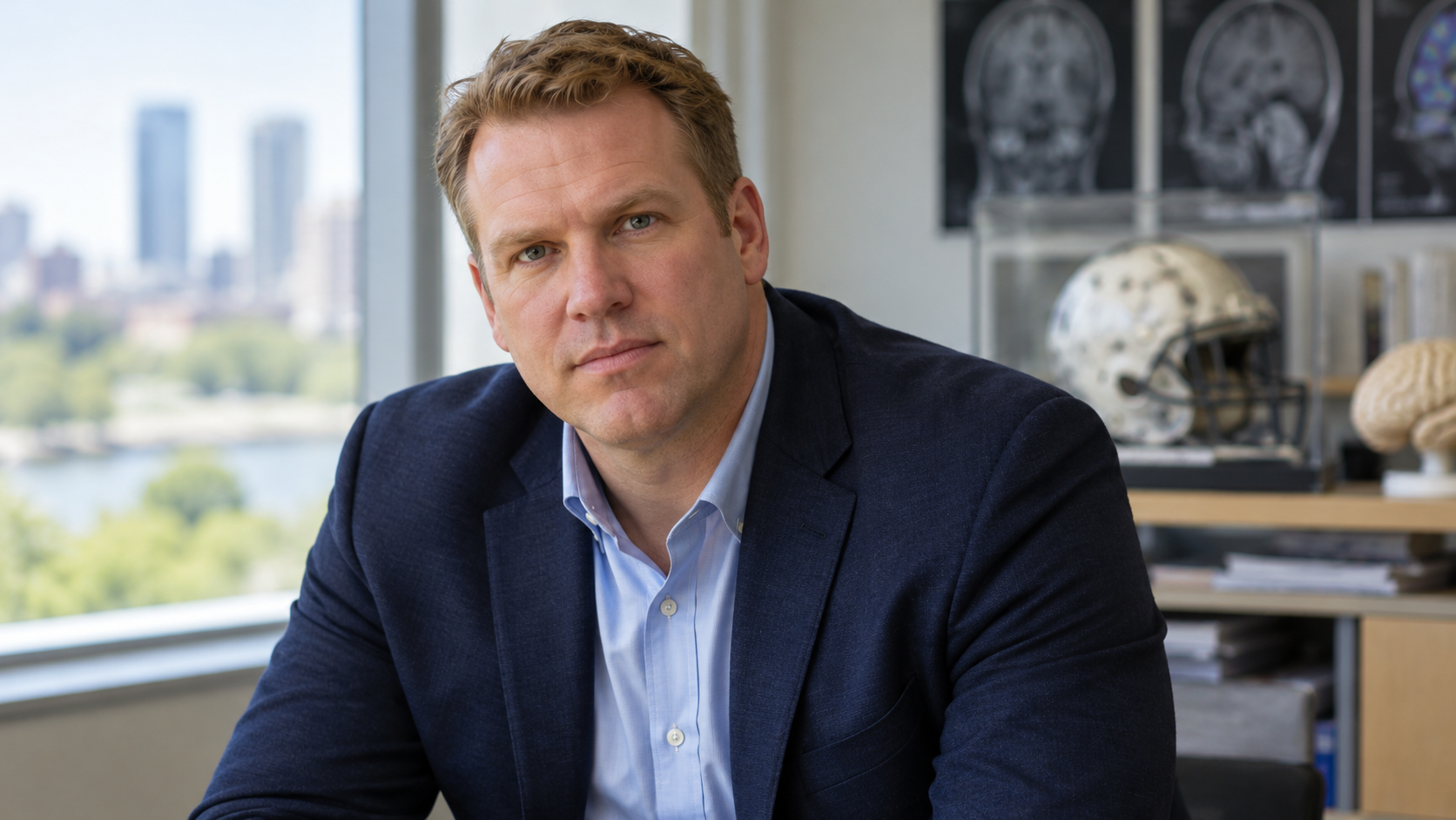 Chris Nowinski in a sports neurology research center with a donated helmet softly blurred