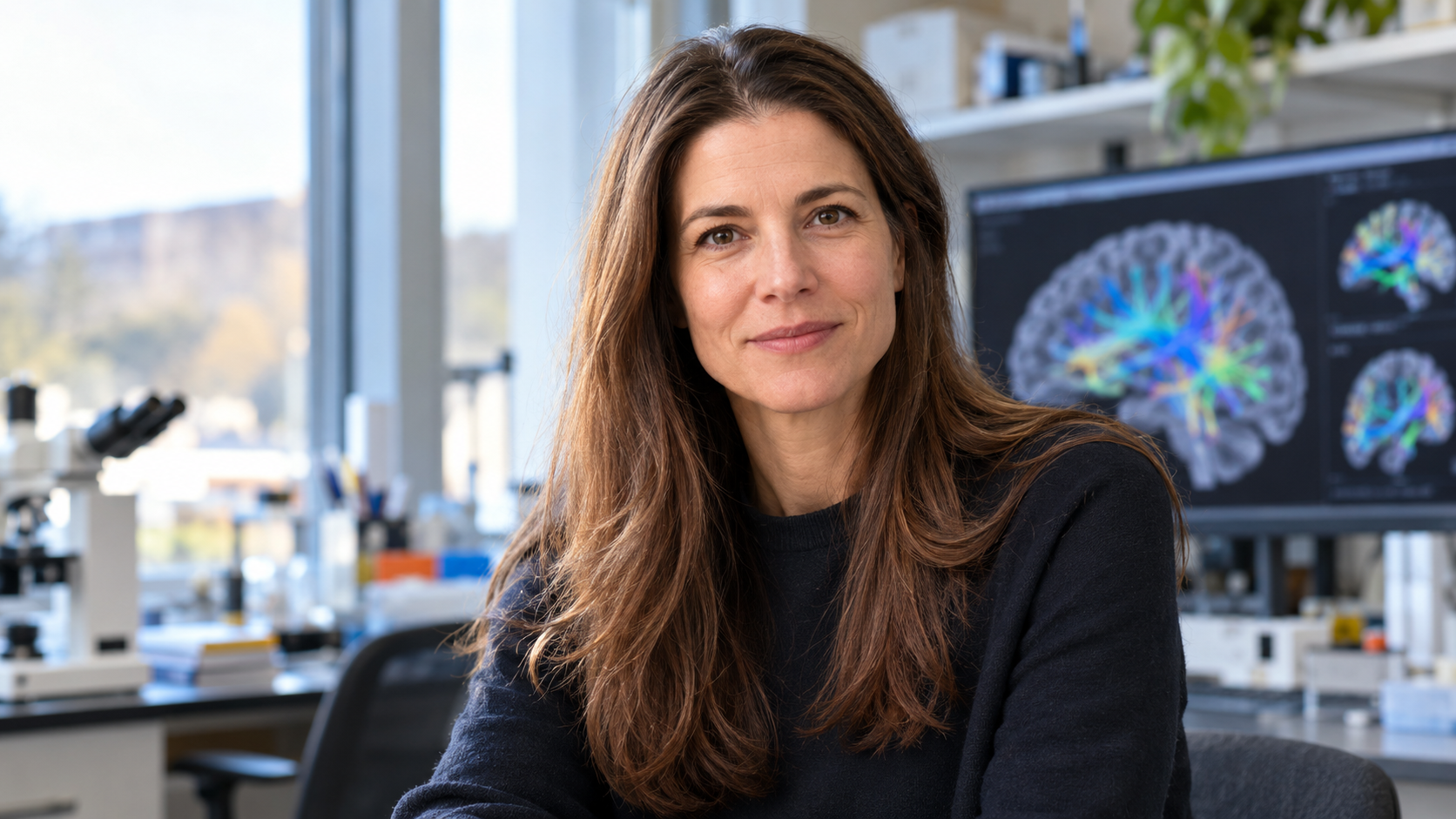 Jennifer Pfeifer in a university developmental-neuroscience lab with a brain-connectivity display softly blurred