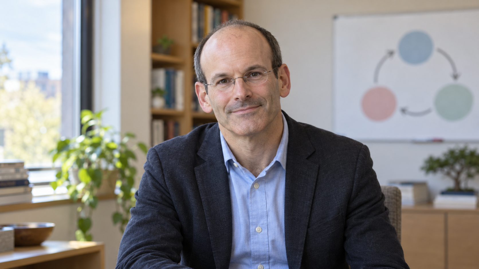 Judson Brewer in a calm behavioral-medicine office with a simple habit-loop diagram softly blurred