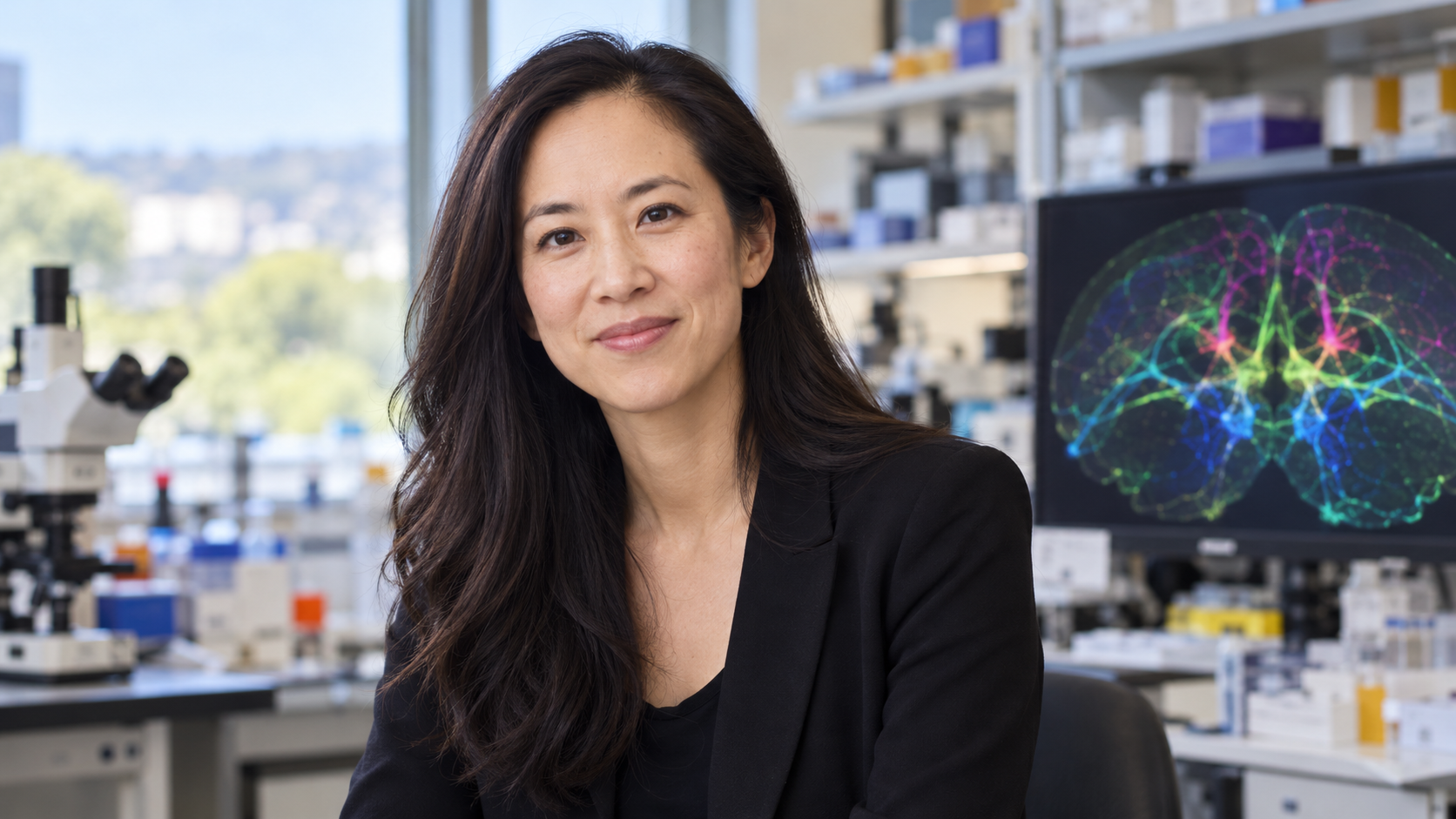 Kay M. Tye in a neuroscience laboratory with an illuminated neural-circuit model softly blurred