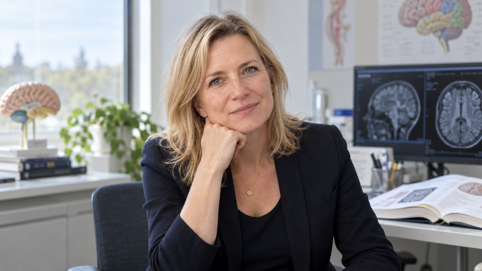 Jules Montague in a neurologist’s consultation room with an open chart softly blurred
