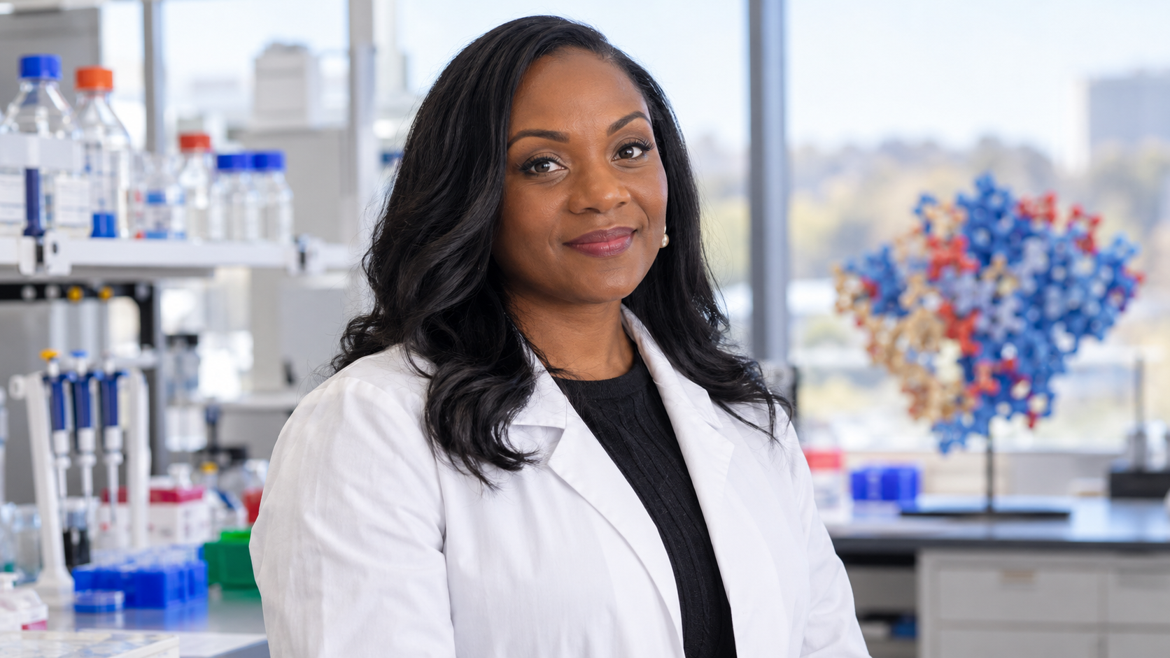 Kizzmekia Corbett in a vaccine-research laboratory with a protein model softly blurred