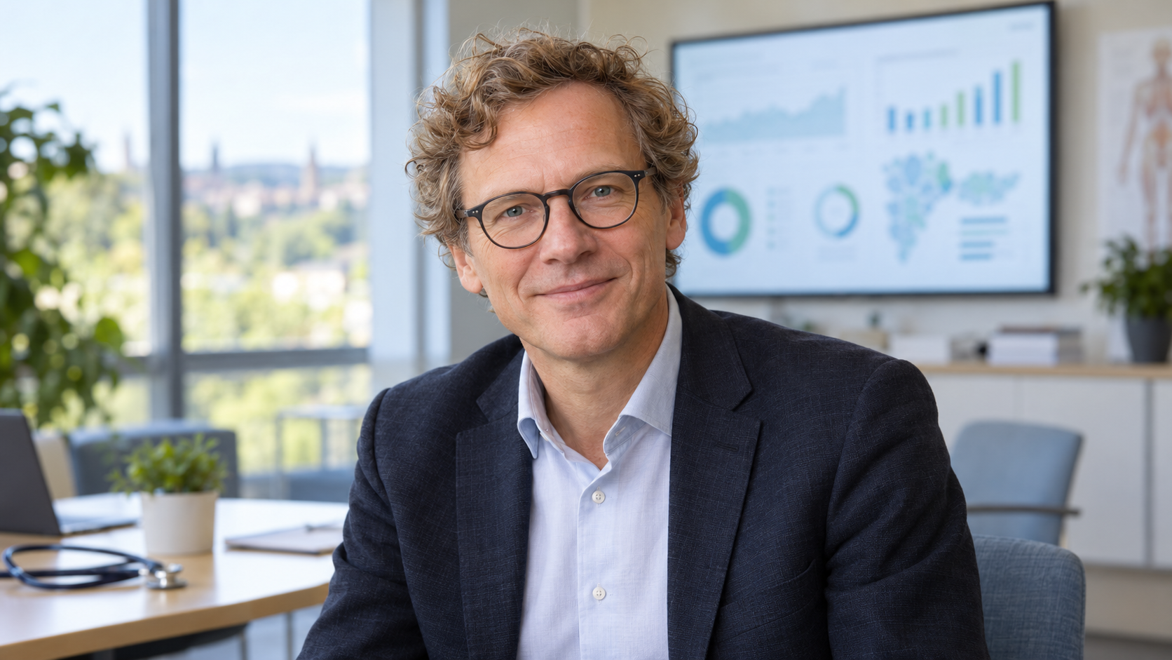 Matthias Müllenbeck in a primary-care planning room with prevention dashboards softly blurred