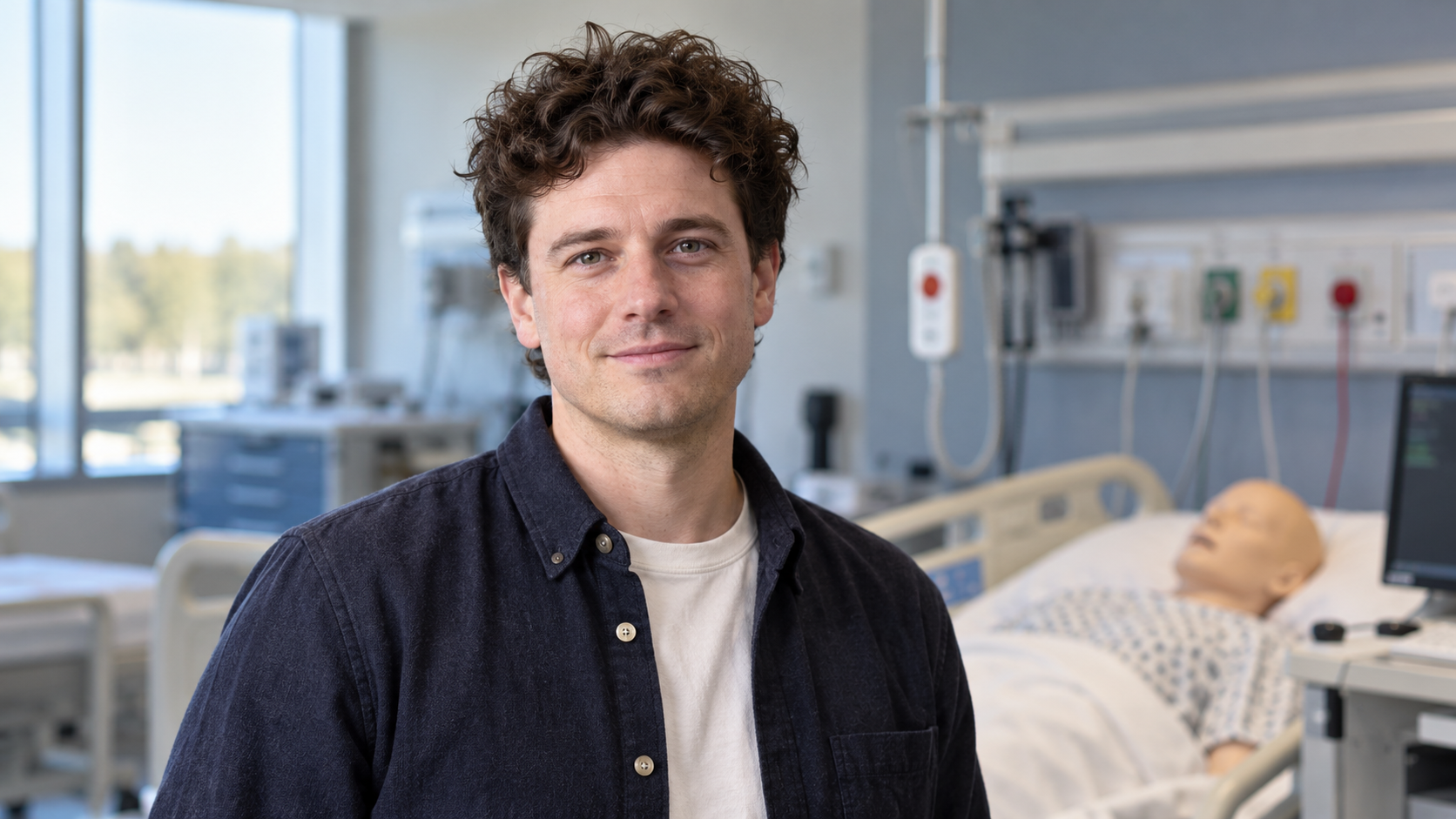Ben Gran in a nursing simulation center with a prototype call system softly blurred