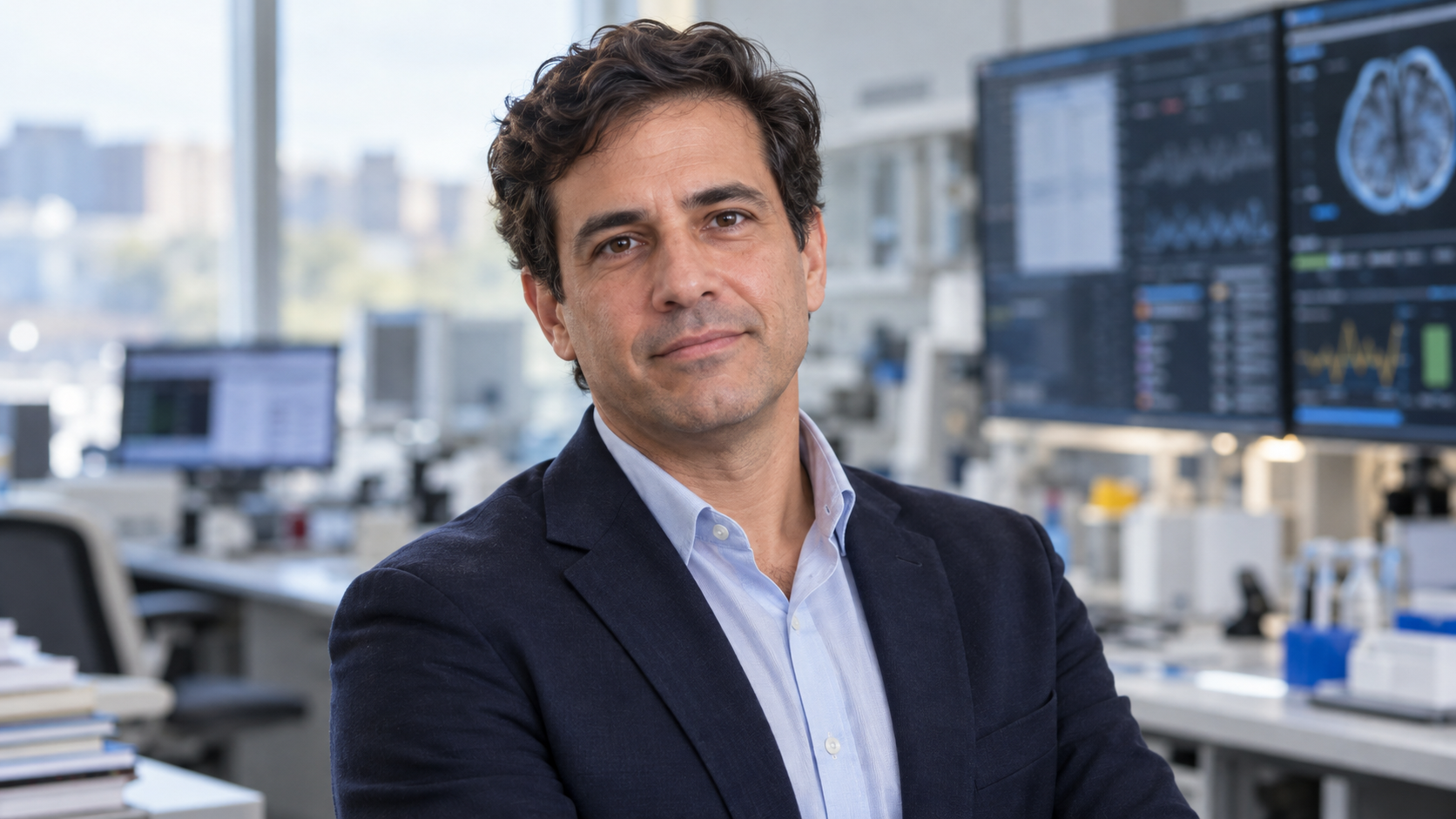 Leo Anthony Celi in a clinical data-science lab with de-identified records softly blurred