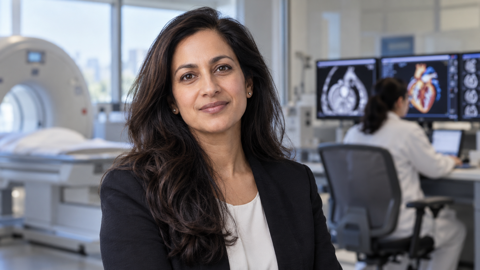Ami Bhatt in a cardiology imaging suite with a clinician reviewing AI-assisted scans softly blurred