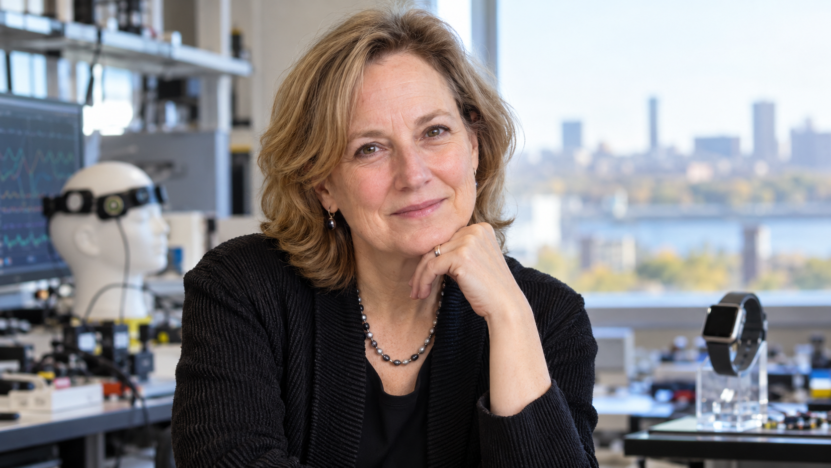 Rosalind Picard in a wearable-computing laboratory with a seizure-detection smartwatch softly blurred