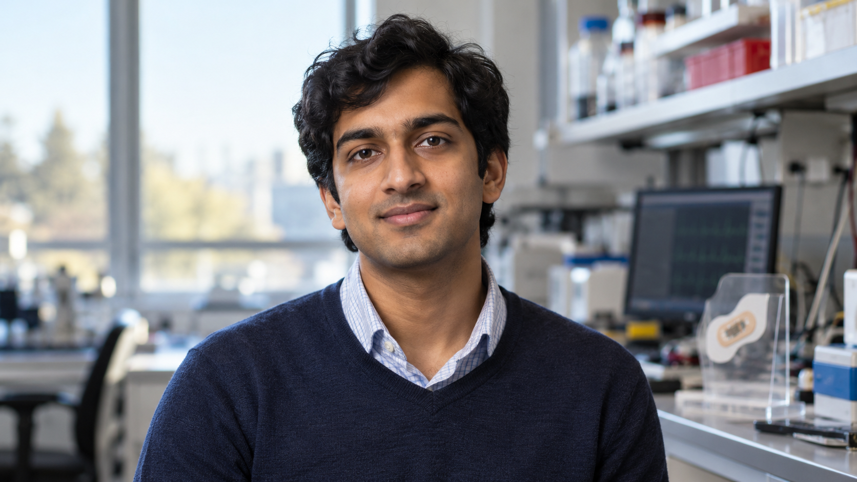 Akash Manoj in a biomedical engineering lab with a wearable cardiac patch softly blurred