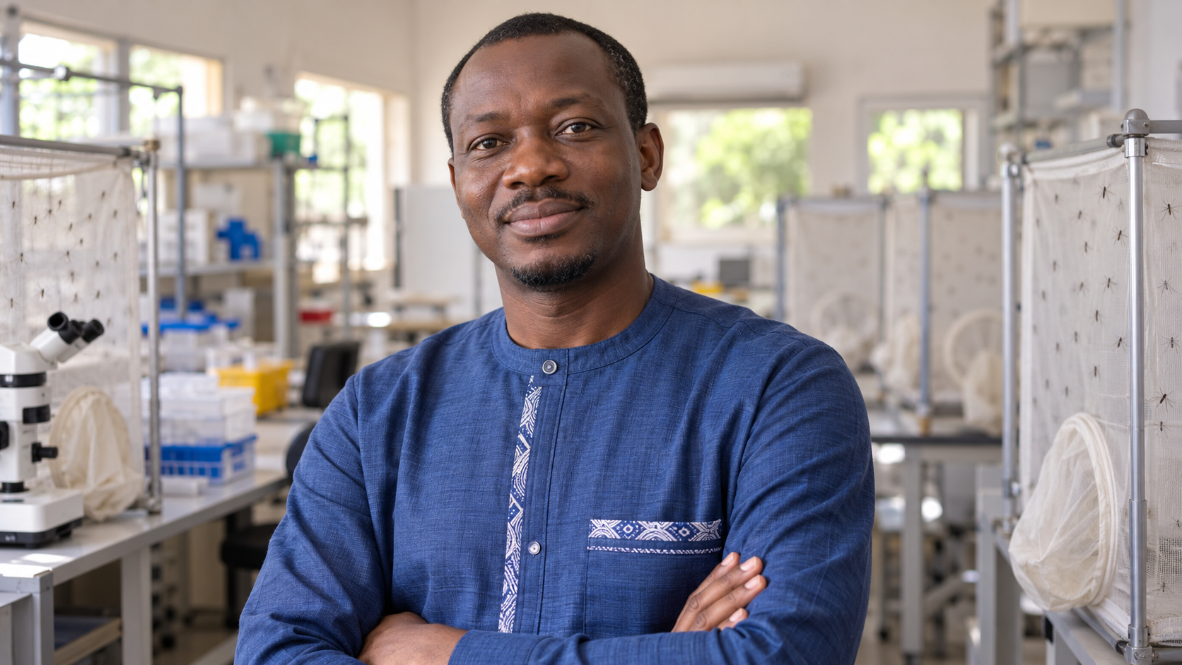 Abdoulaye Diabaté in a vector-biology research center in Burkina Faso with mosquito enclosures softly blurred