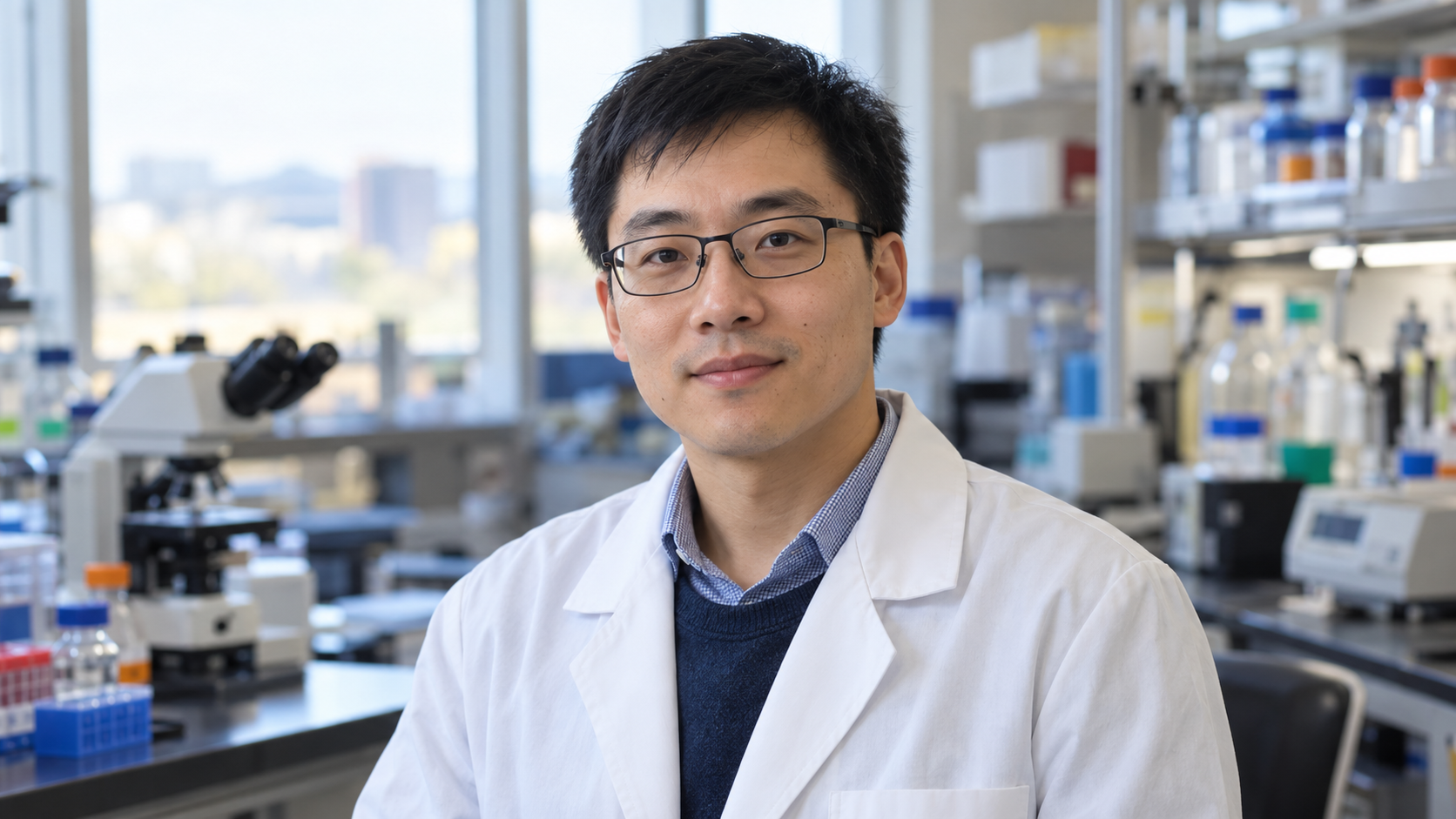 Luhan Yang in a transplant-research laboratory with CRISPR models softly blurred