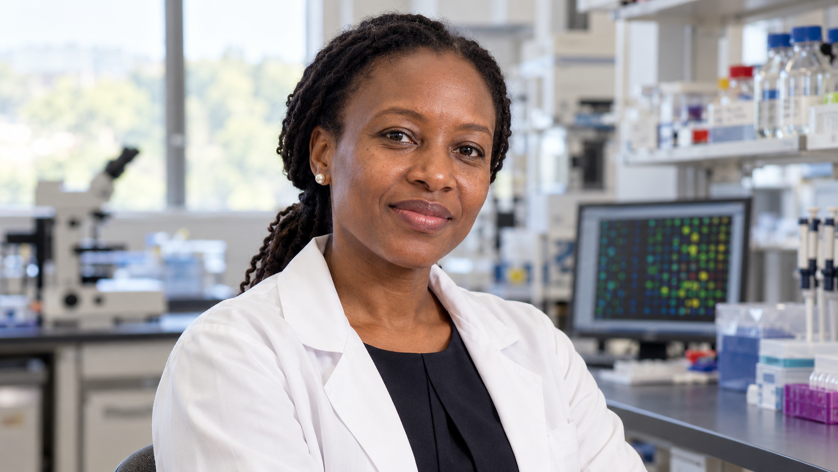Faith Osier in a malaria immunology laboratory with parasite-protein arrays softly blurred