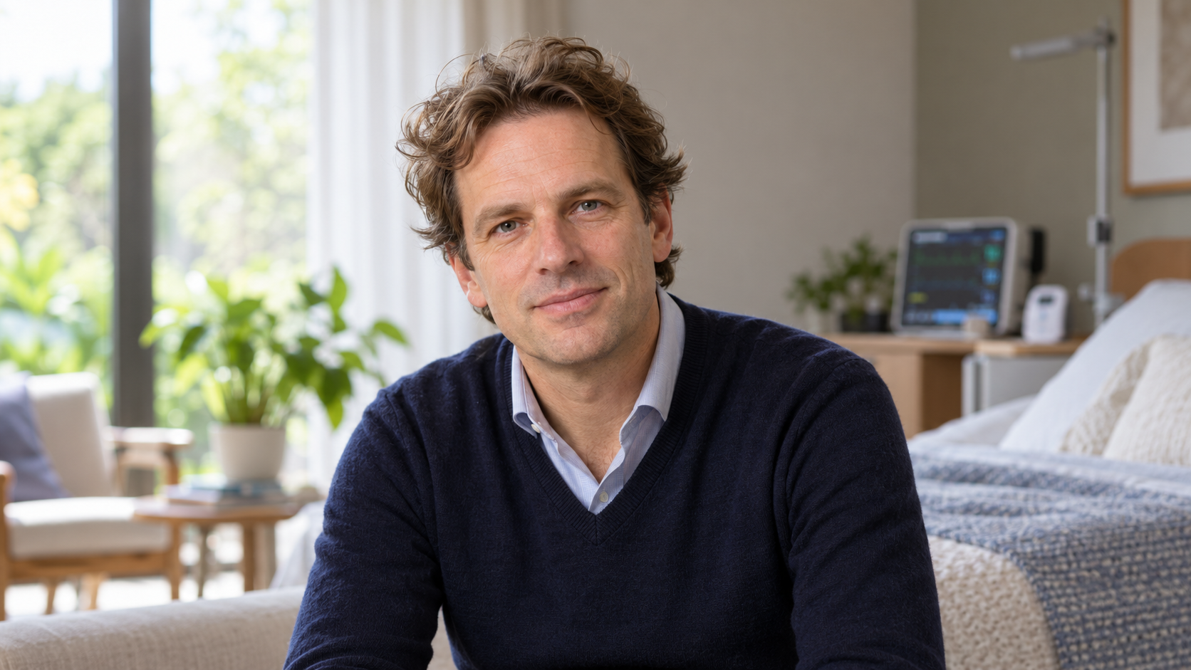 Niels van Namen in a comfortable home-care setting with discreet monitoring equipment softly blurred