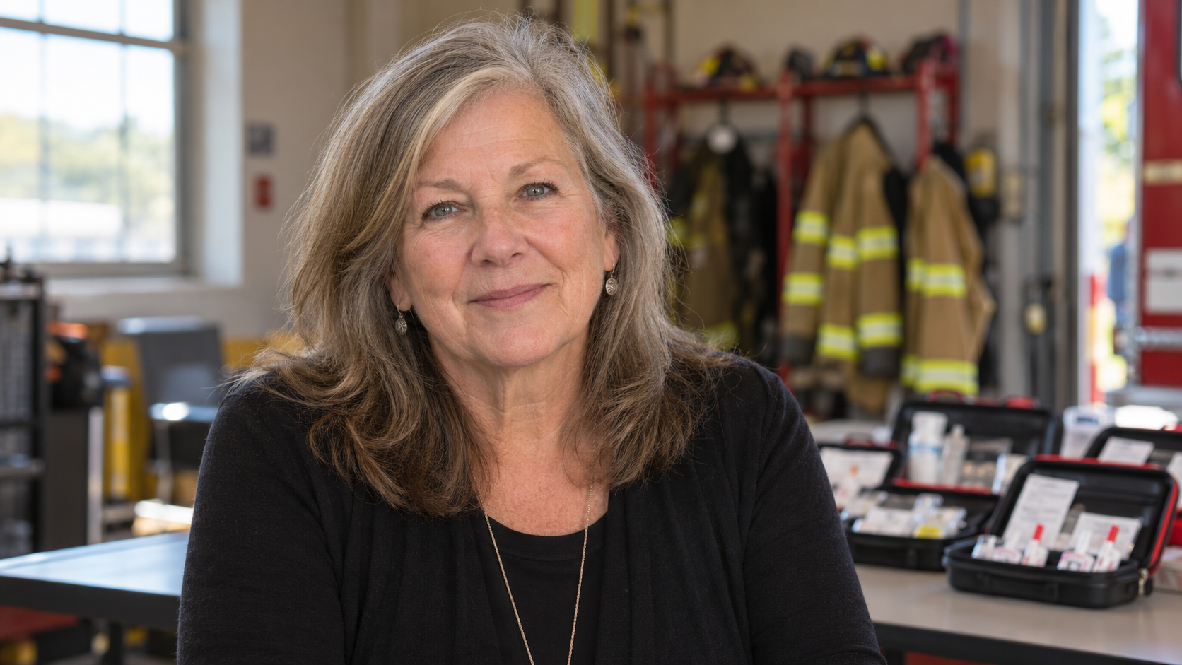 Jan Rader in a fire-station community response room with naloxone kits softly blurred