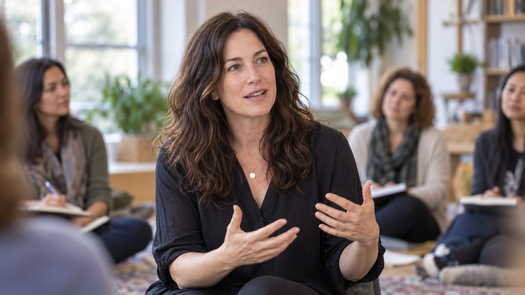 Laurel Braitman in a medical-storytelling workshop with notebooks and a quiet circle softly blurred