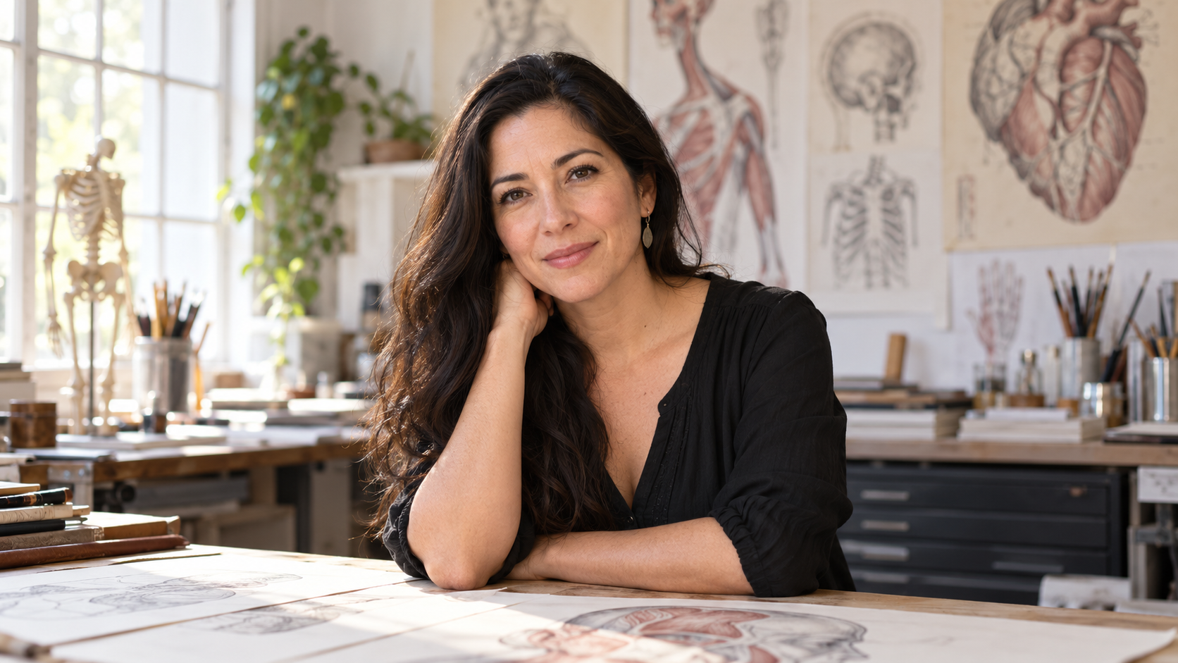 Vanessa Ruiz in a medical-illustration studio with anatomical drawings softly blurred