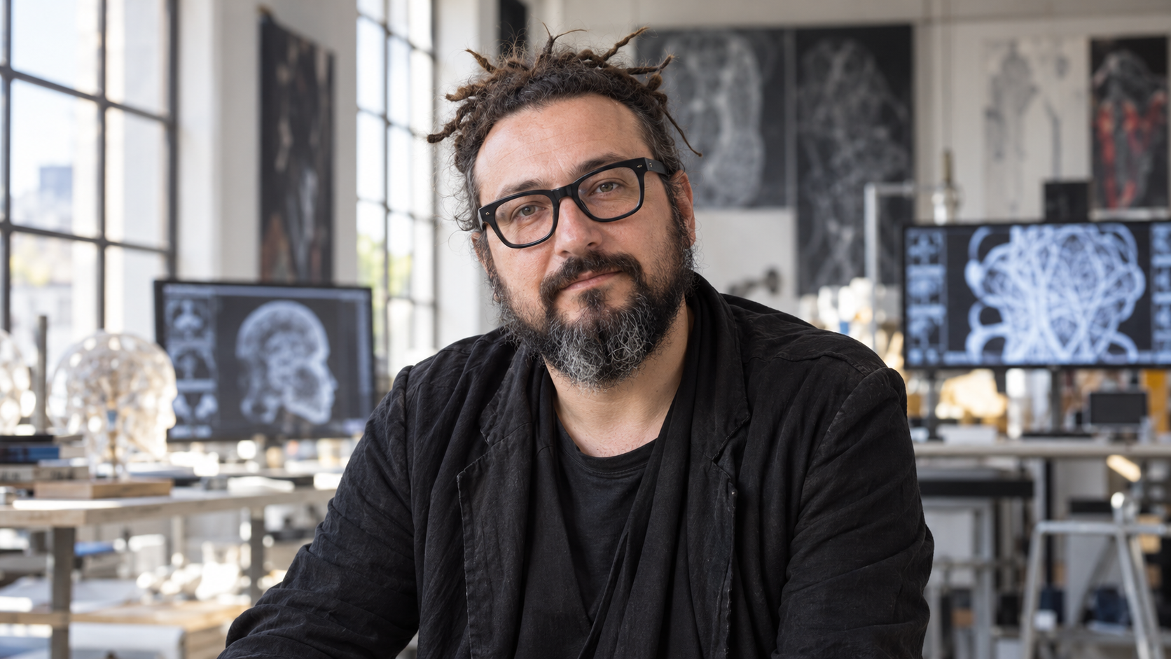 Salvatore Iaconesi in an open digital-art studio with anonymized medical images softly blurred