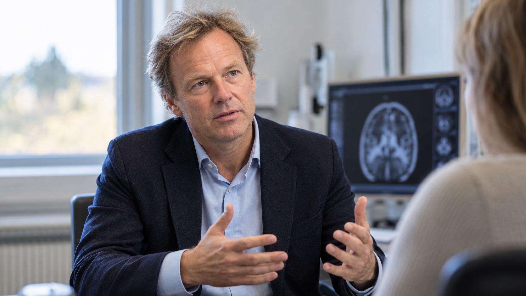 Christer Mjåset in a shared-decision consultation with a scan displayed softly blurred