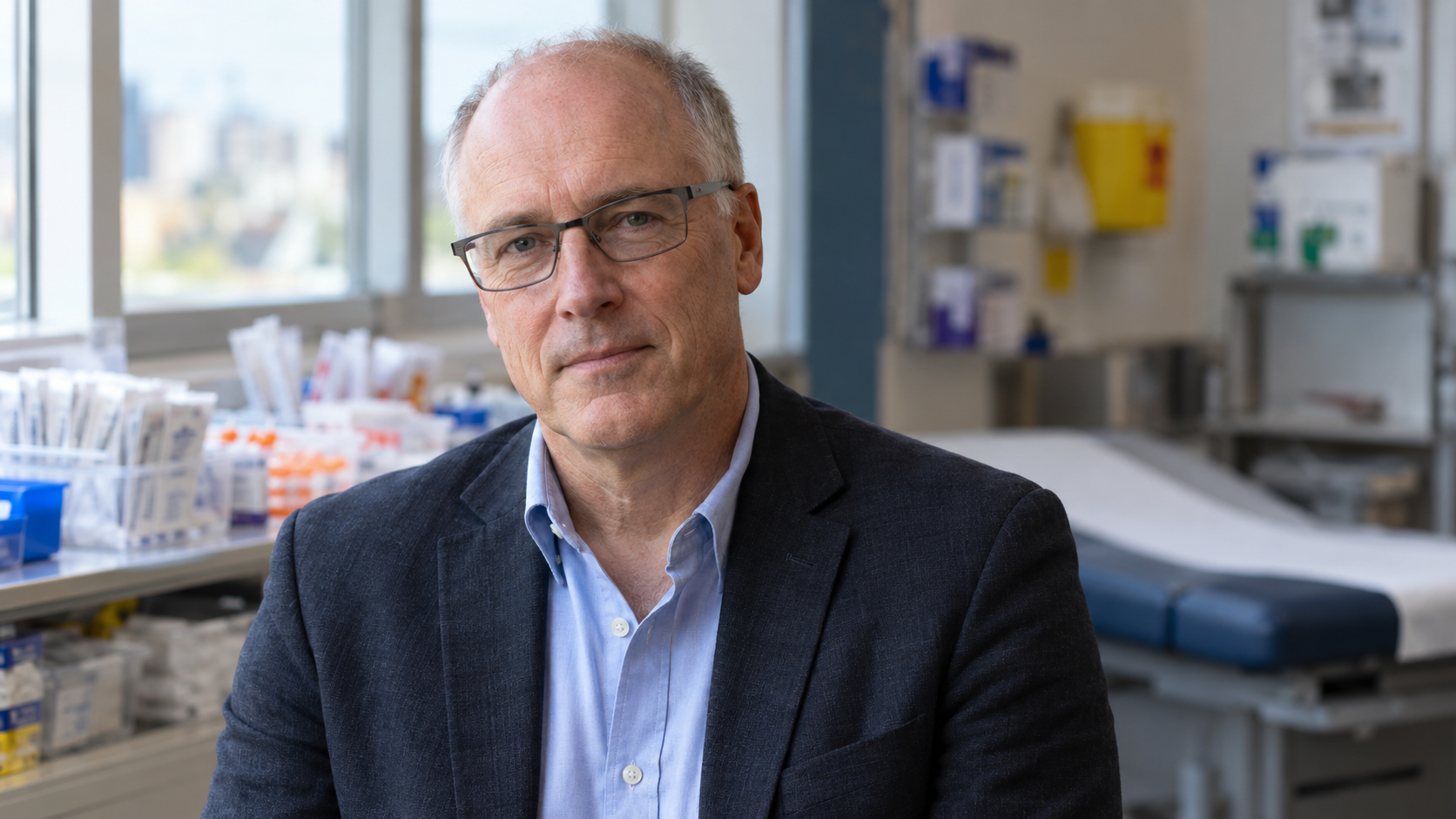 Mark Tyndall in a community harm-reduction clinic with naloxone and clean supplies softly blurred
