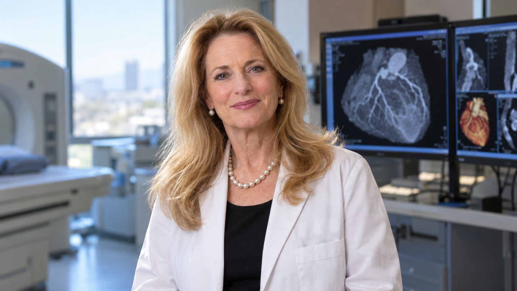C. Noel Bairey Merz in a women’s heart-research clinic with coronary imaging softly blurred