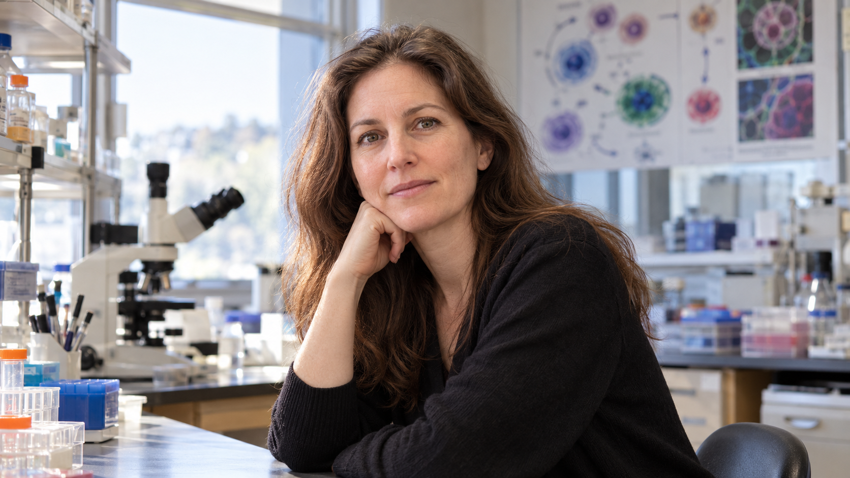 Eva Vertes in a young investigator’s cancer-biology laboratory with stem-cell diagrams softly blurred