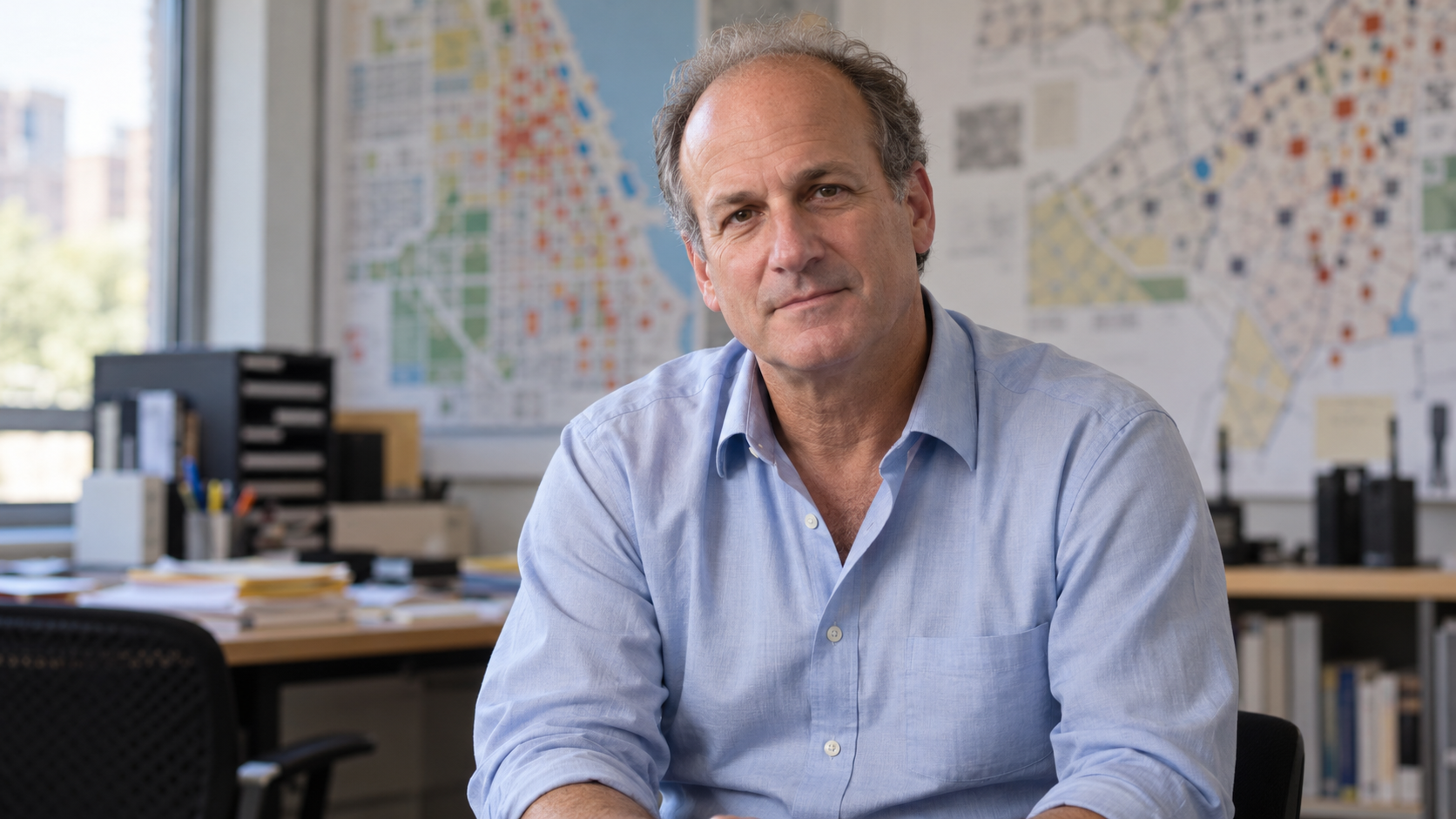 Gary Slutkin in a community violence-interruption office with neighborhood maps softly blurred