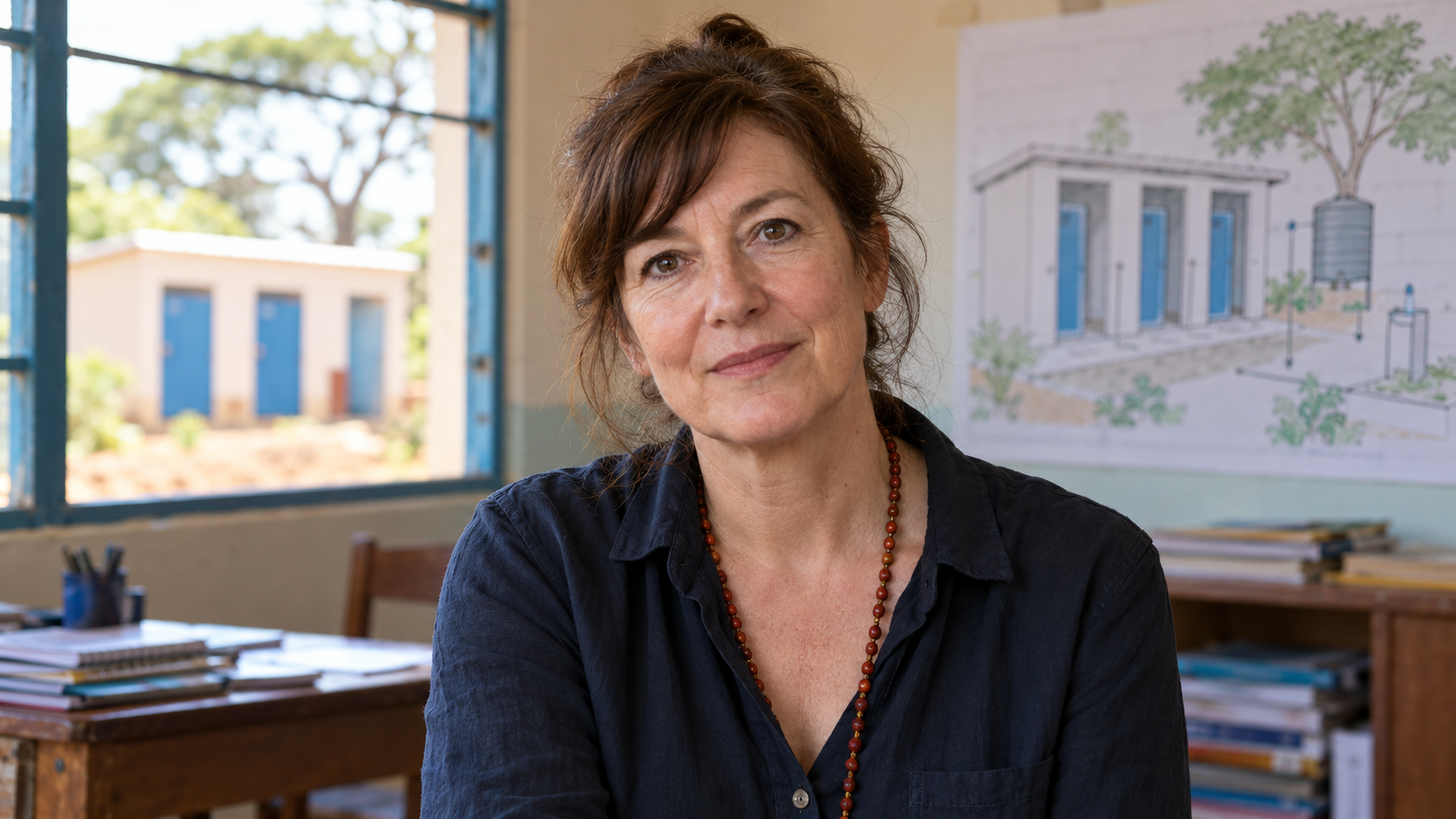 Rose George in a public-health field office with a clean school sanitation plan softly blurred