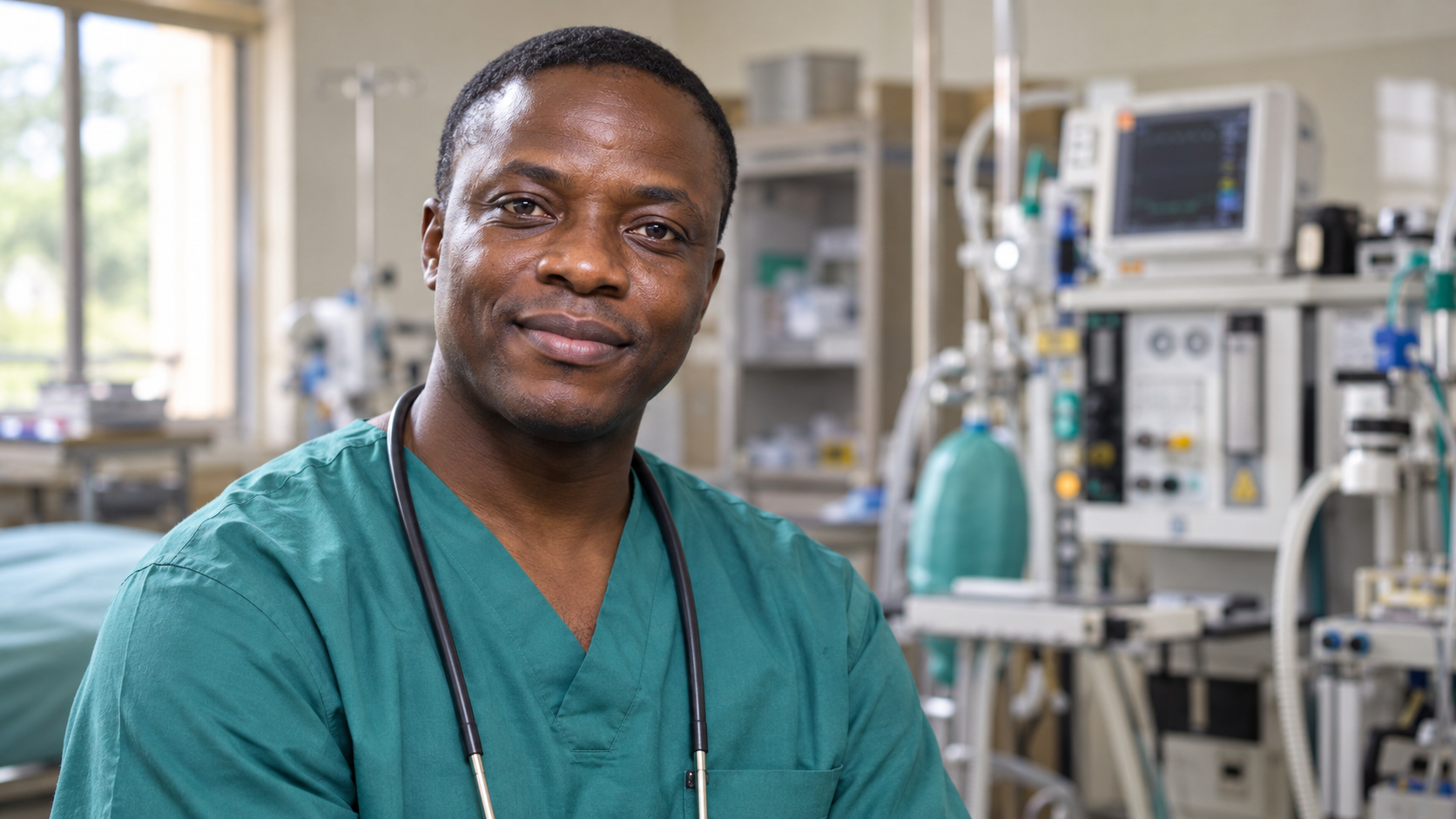 Seyi Oyesola in a Nigerian clinical training center with maintained anesthesia equipment softly blurred
