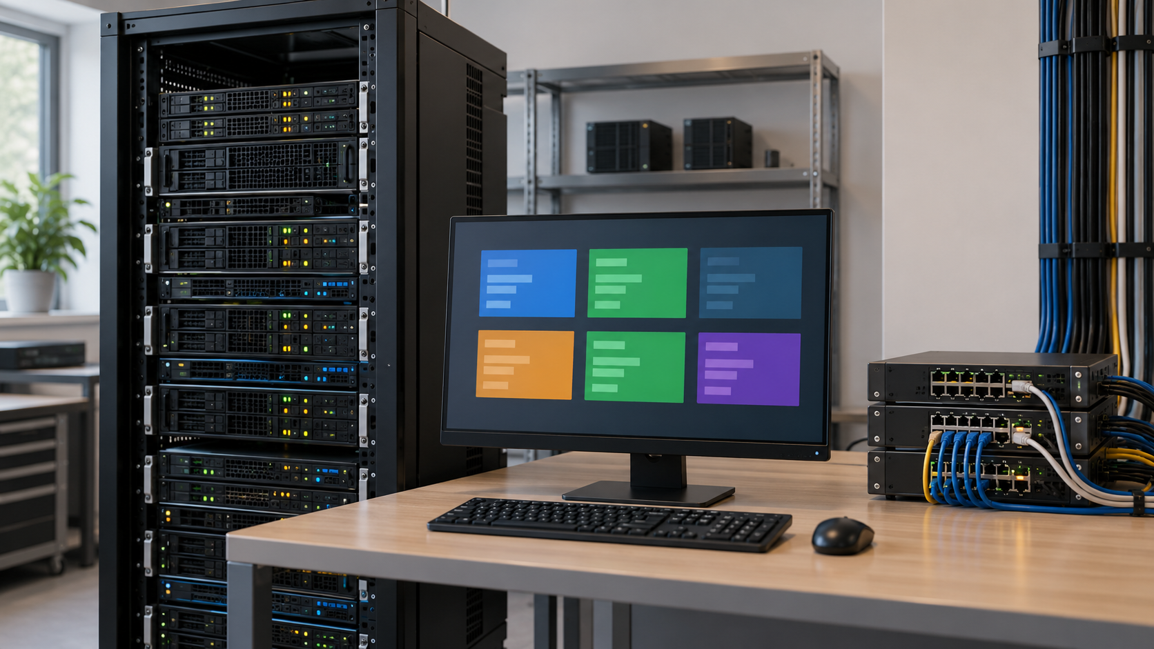 Server rack, network equipment, and a monitor showing abstract colored virtual system panels.