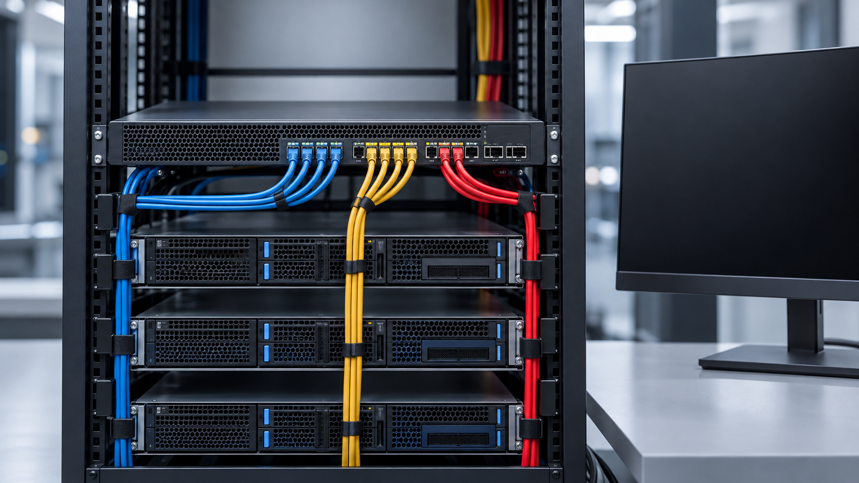 Server rack with a front network appliance, orderly color-coded cables, and a blank monitor.