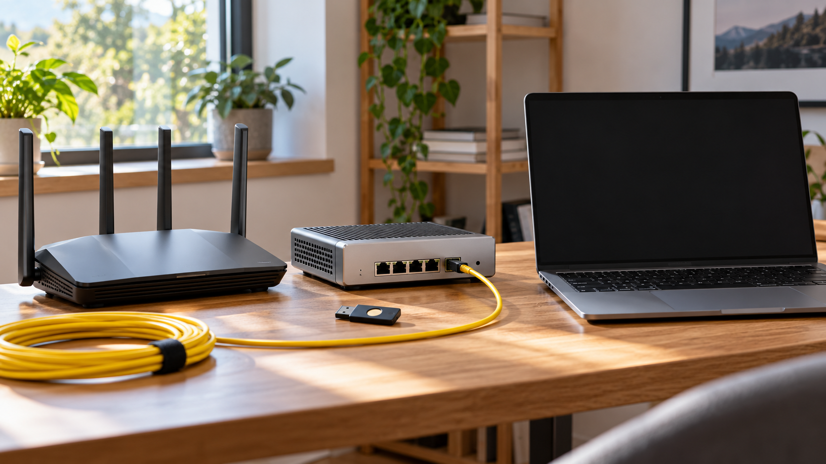 Home-office router, compact network appliance, security key, fiber cable, and a blank laptop.